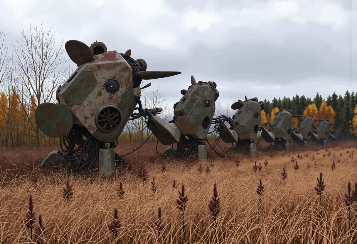 stalenhag, a creepy abandoned hover vehicle in the autumn field, detailerlora