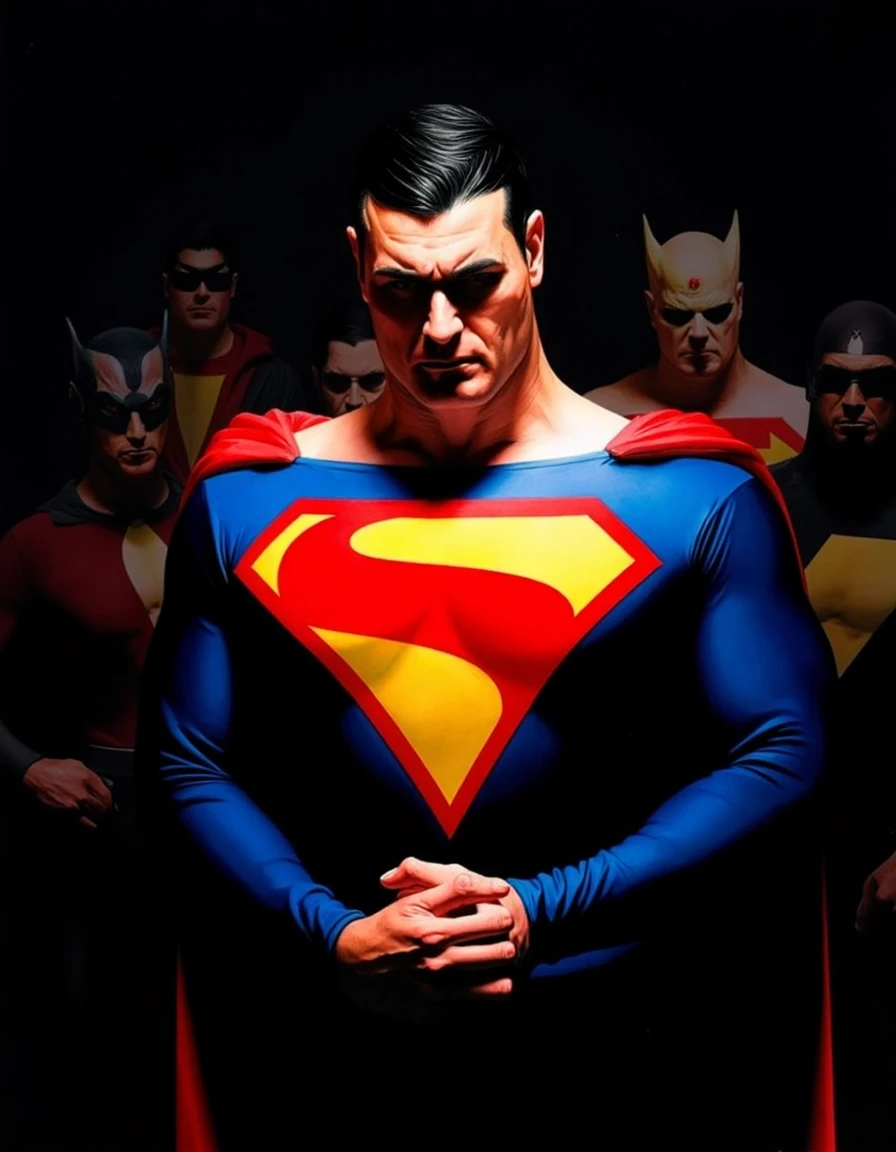 Alex Ross style painting of Superman standing in a solemn, contemplative pose with his head bowed and hands clasped in front of him. His expression is serious, conveying a sense of gravity and responsibility. The angle of the shot is straight on, capturing his upper body with the iconic "S" symbol prominently displayed on his chest. The lighting is focused on him, creating a stark contrast between his vibrant costume and the dark background. Behind him are other heroes from the Justice Society, emphasizing Superman as the central figure.