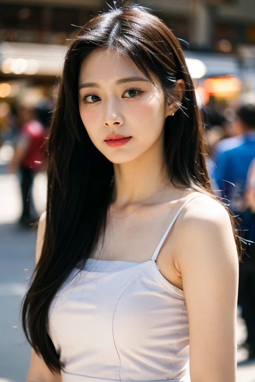 masterpiece, best quality, ultra-detailed, ultra high res, (photorealistic:1.4), raw photo, (realistic:0.2), 8k HDR, realistic lighting, looking at viewer, 1girl, solo, asymmetrical hair, outdoor, (traditional market:1.2), (day), bokeh, (detailed lips), (detailed pores), (detailed skin textures), (detailed face:1.2), (body:1.2), a woman in a sundress, cowboy shot,