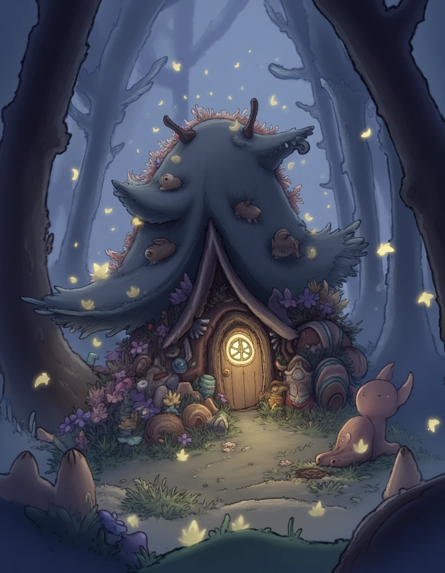 a snails-shaped house in the middle of a forest. The surroundings are adorned with small flowers and glowing fireflies, adding a magical touch blurred background with a slight mist, enhancing the whimsical and fantastical atmosphere. The details of the snails house, the delicate flowers, and the fireflies are meticulously drawn, making it a captivating and enchanting visual experience. snails-shaped house, forest, small flowers, glowing fireflies, dreamy, blurred background, slight mist, whimsical, fantastical, meticulously rendered, captivating, enchanting visual experience. <lora:MadeInAbyssStyleLoraFlux:1> mad31nabyss