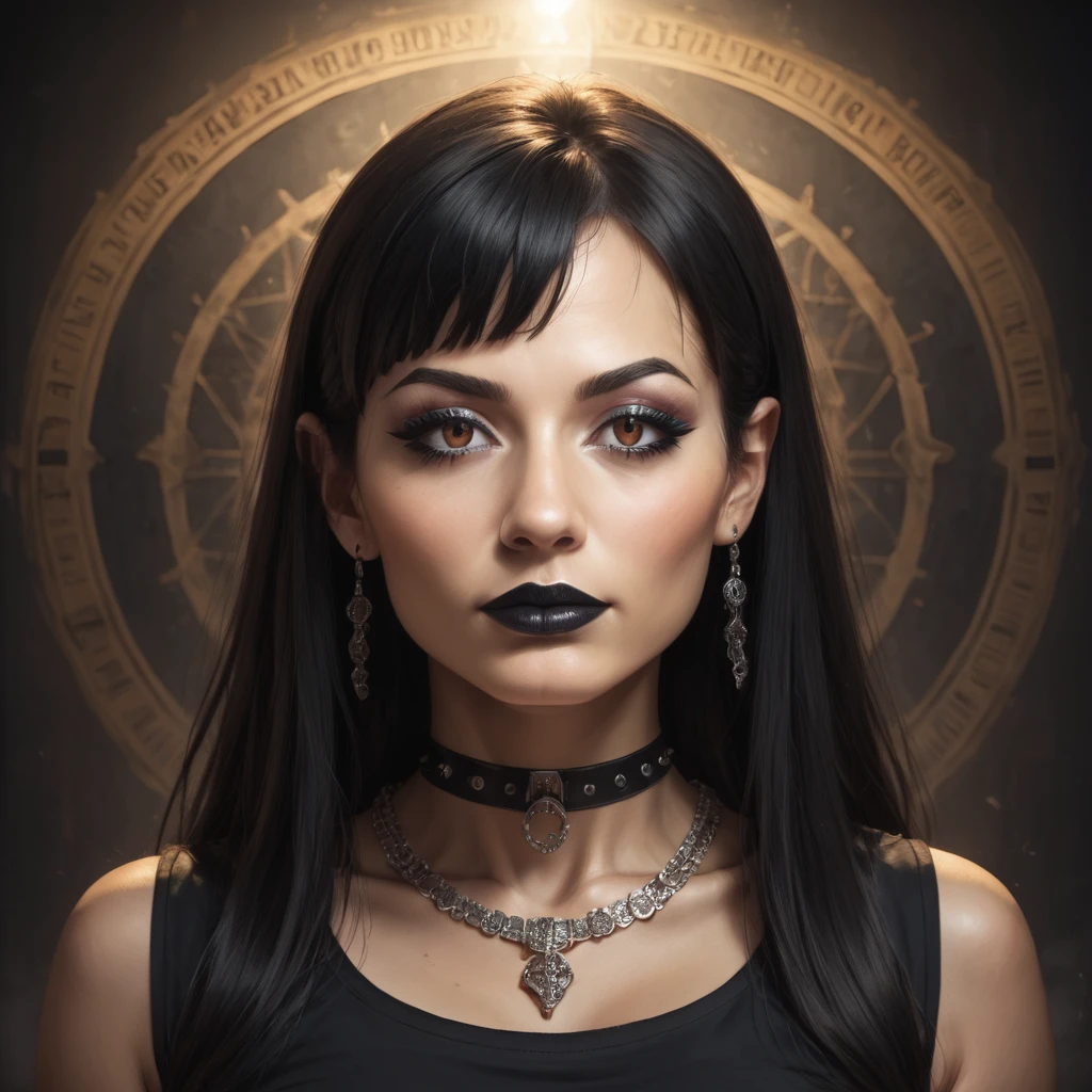 score_9, score_8_up, score_8, (masterpiece, best quality, highly detailed, realistic), source_real, portrait of nefertiti as a goth girl wearing a black tank top and silver ankh pendant necklace, black choker, (black hair, long straight hair, bangs:1.3), brown eyes, ((goth makeup, heavy eyeshadow, eyeliner, black lipstick)), facing the viewer, very close up, BREAK, dim lighting, black metal background, beautiful background, dark colors, (hyper detail,insanely detailed,best quality,masterpiece,photorealistic:1.3), semi realistic, clear focus, detailed character design, ultra-high resolution, perfectly composed, clear, breathtaking attention to detail, highres, ultra detail, 8k wallpaper, romantic lighting, cinematic lighting, volumetric lighting, depth of field,
<lora:Nefertiti_Pony2:.7>