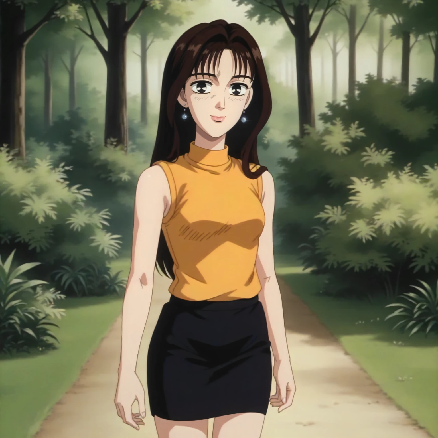 <lora:ID_MakoSatoXLpony001>,
outdoors,nature,
looking at viewer,smile,
solo,
MakoSato,1girl,black brown hair,long hair,black eyes,
earrings,
yellow shirt,turtleneck,sleeveless,
pencil_skirt,
standing,