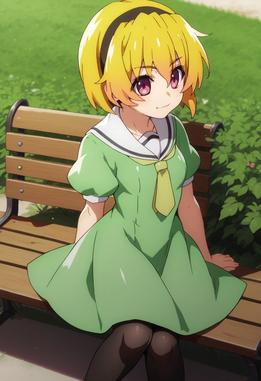 score_9, score_7_up, 1girl, SatokoSchool, blonde hair, pink eyes, hairband, sailor collar, yellow necktie, green dress, black pantyhose, sitting, bench,    <lora:Higurashi GOU-000045:1>    <lora:Satoko:1>