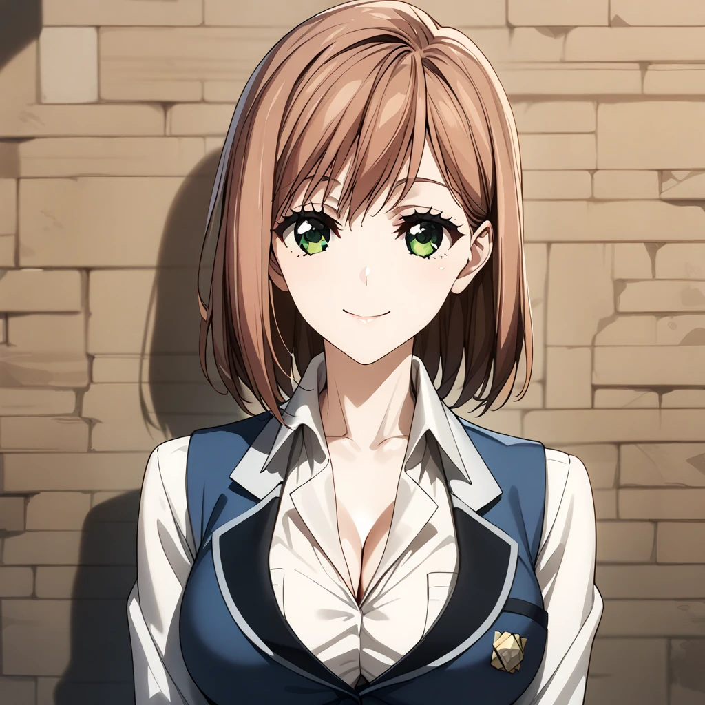 alisa_granger, short hair, brown hair, green eyes, bangs, breasts, white collar shirt, blue vest, cleavage, portrait, upper body, smile <lora:Alisa_Granger:1>, (masterpiece),(best quality),(ultra-detailed),(best illustration),(best shadow),(absurdres),(detailed background),(very aesthetic),