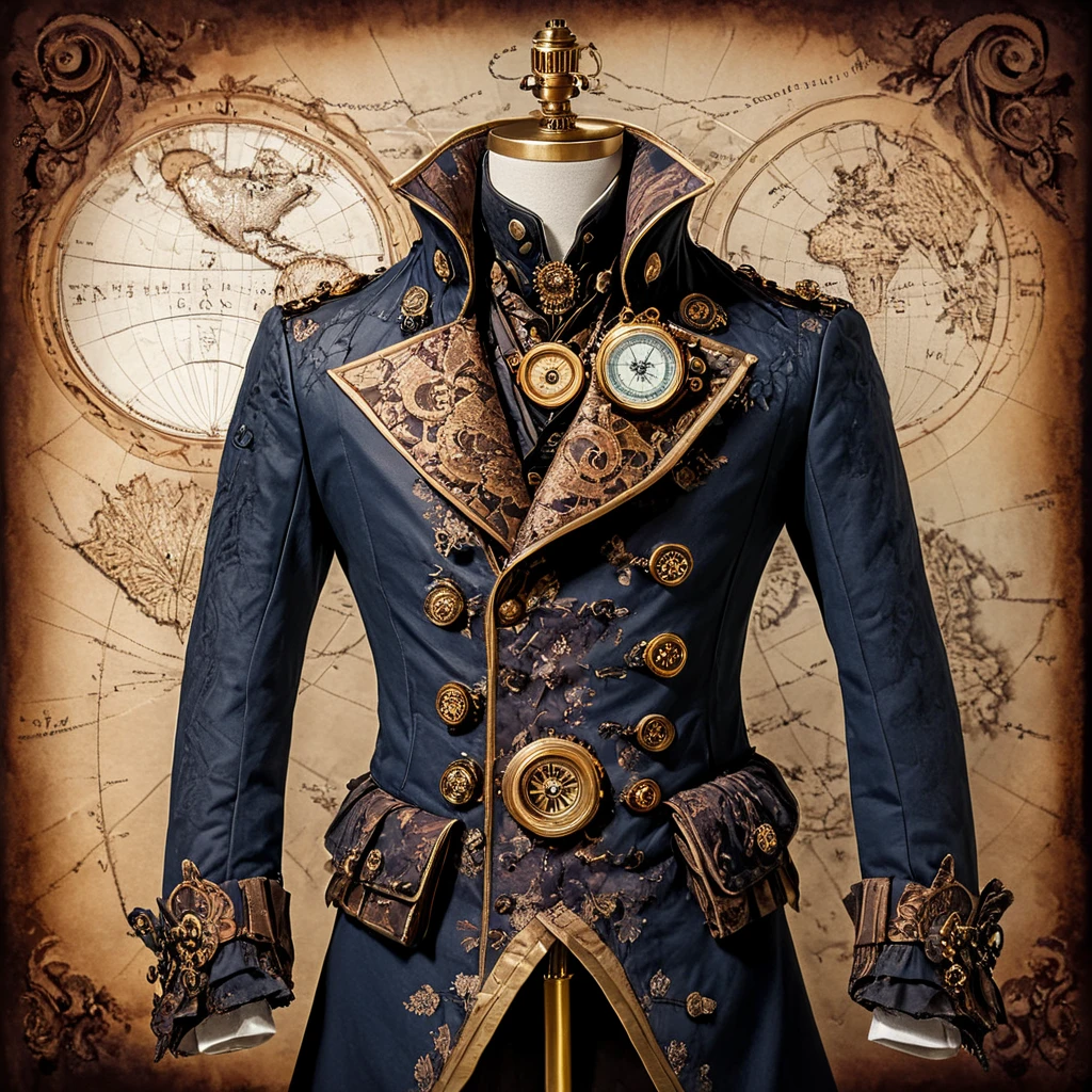 <lora:Rococo_Steampunk_SDXL:1> ArsMJStyle, Rococo Steampunk, jacket, brass buttons, map, compass, room, rococo, steampunk, man, solo, machinery, detailed clothing