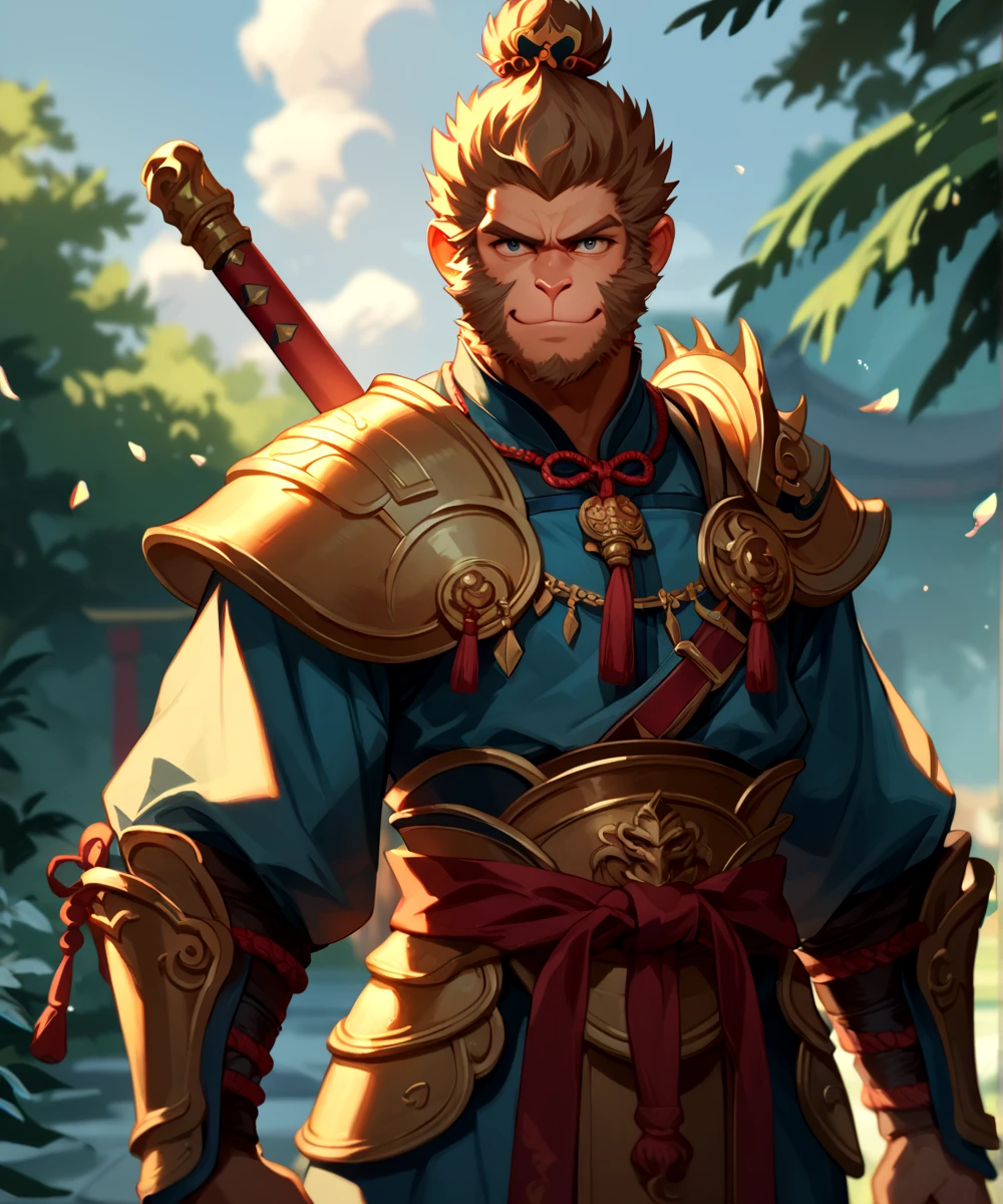 score_9, score_8_up, score_7_up,
<lora:Wukong_(Black_Myth_Wukong)_(Pony)_(AD):1> Wukong, Black Myth Wukong, monkey, monkey king,
8K, In'ei, hiaroscuro, depth of field, rim lighting, masterclass color theory, depth of field, clear_eyes,
perfect hands, perfect proportions, 
brash smile, alluring eyes, hero, flawless, benchmark of manly perfection, intricately detailed anime style background, sexy, dashing, handsome, anime monkey face, smooth skin, fur, furry body, monkey face, monkey nose, mythical armor, noble and majestic, clever and playful, ((cowboy shot, ):1.5), 
BREAK zPDXL, zPDXLxxx,