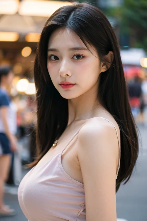 masterpiece, best quality, ultra-detailed, ultra high res, (photorealistic:1.4), raw photo, (realistic:0.2), 8k HDR, realistic lighting, looking at viewer, 1girl, solo, asymmetrical hair, outdoor, (traditional market:1.2), (day), bokeh, (detailed lips), (detailed pores), (detailed skin textures), (detailed face:1.2), (body:1.2), a woman in a sundress, cowboy shot,