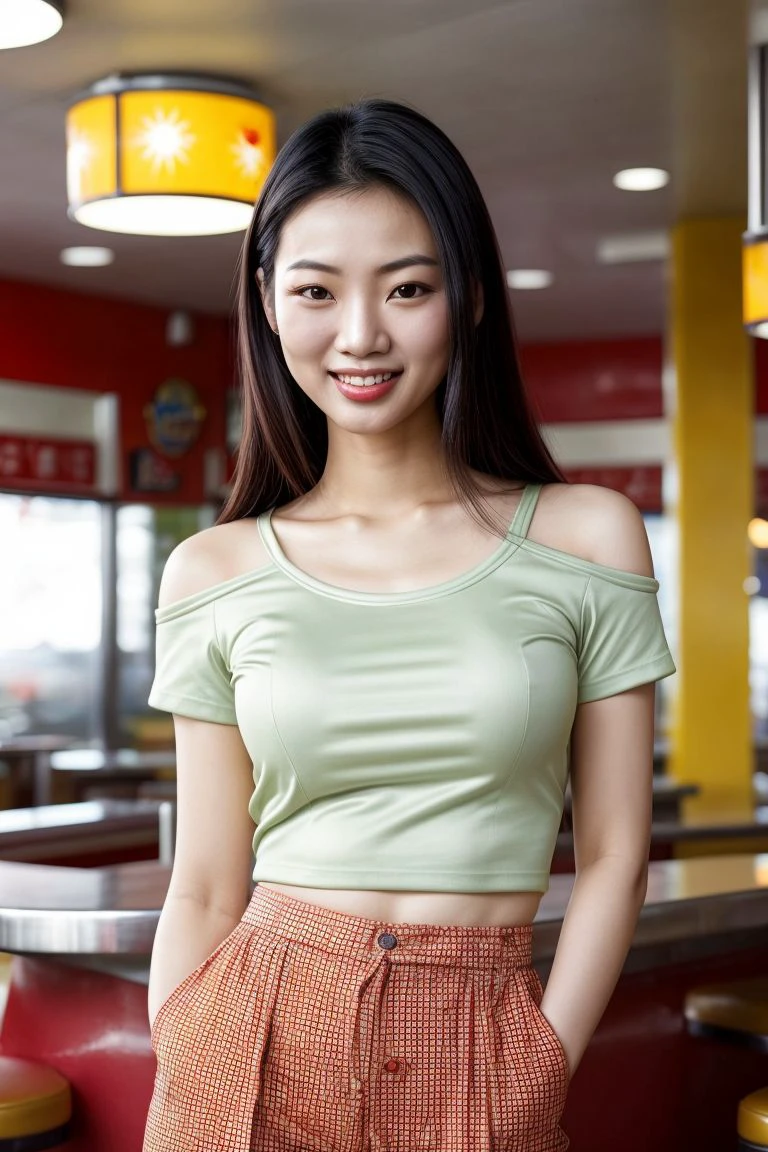 Asian woman, closeup, (shirt), pants, (50s diner), (), smiling , KM_haley, wide shoulders, perfect face, (contact iris: 1.1), pale skin, skin pores , depth of field