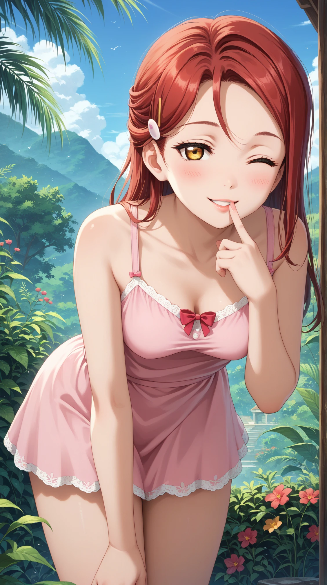 score_9, score_8_up, score_7_up, solo, 1girl, rikosauchi, hair ornament, hairclip, red hair, long hair medium breasts,
pink dress, blush, standing, leaning forward, seductive smile, one eye closed, parted lips, half-closed eyes,
(thighs), cowboy shot, outdoors, greenery, sky, finger to mouth,
 <lora:xlponyriko-04:0.8>