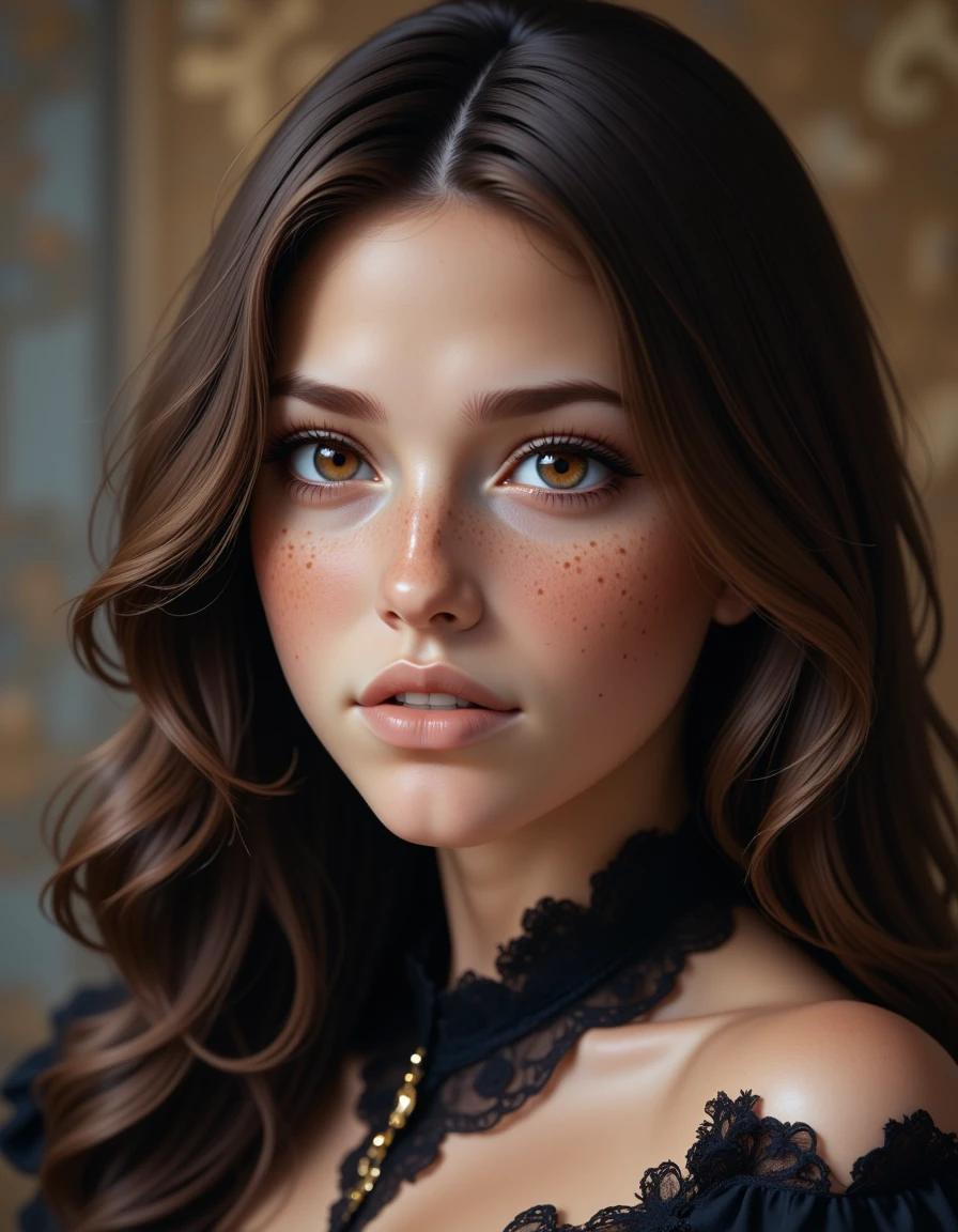 1woman is dllj02,soft freckles, brown hair, long hair, wink with one eye, joy, <lora:FLUX_Dolleij02-000009:1>, etched stone, Dichromatic, deep rich colors, highly detail, great light, sharp focus, elaborate, dressed in a haute couture dress detailed with raven feathers, mysterious