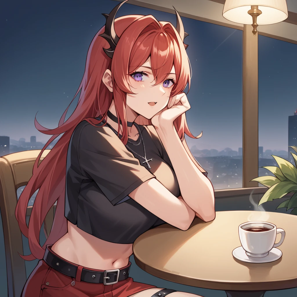 score_9_up, score_8_up, score_7_up, source_anime, masterpiece, best quality, 1girl, solo, Surtr, Sur_Casual, night time, cityscape, window, chair, ceiling lamp, sitting across table, looking at you, head rest, seductive open mouth, coffee cup, upper body, face focus, food, utensils, demon horns, purple eyes, red hair, long hair, red miniskirt, red skirt, thigh strap, black shirt, crop top, short sleeves, black choker, black belt, midriff, navel, cross necklace, black gloves, single glove, mature body, dynamic cowboy shot, indoors, cafe background