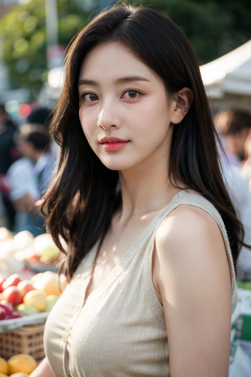 masterpiece, best quality, ultra-detailed, ultra high res, (photorealistic:1.4), raw photo, (realistic:0.2), 8k HDR, realistic lighting, looking at viewer, 1girl, solo, asymmetrical hair, outdoor, (traditional market:1.2), (day), bokeh, (detailed lips), (detailed pores), (detailed skin textures), (detailed face:1.2), (body:1.2), a woman in a cardigan, cowboy shot,