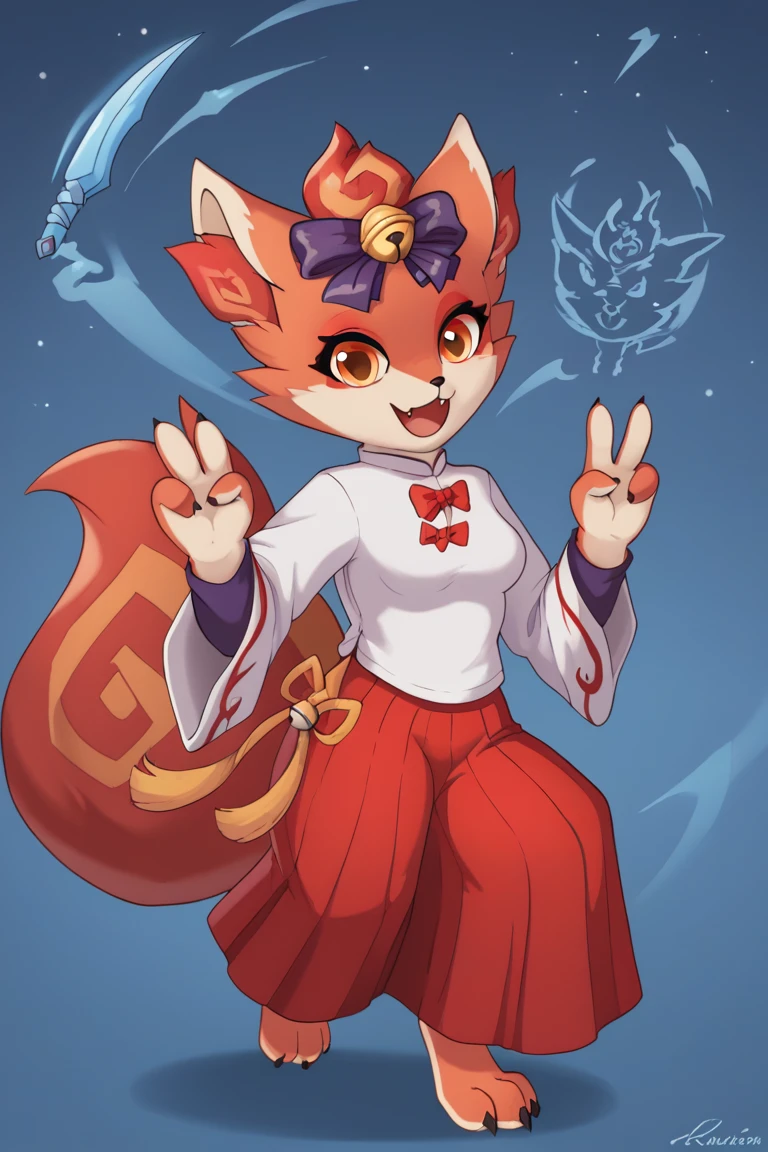 score_9, score_8_up, score_7_up,source_furry,, GunFireLi, red hakama, kariginu, red ribbons, red fox, tail, white blouse, wide sleeves, orange eyes, red pants, hair bell, purple bow, two-tone fur, red_inner_ear_fluff, red bow, fox ears, shirt, pants, furry female, smile, canine, looking at viewer, hair accessory, dated, red skirt, alternate color, multiple tails, bow, bow ribbon, blue background, short hair, standing, canid, pokemon (species), pawpads, signature, weapon, 1girl, absurd res, wide sleeves, hair ornament, white kimono, kimono, fur, melee weapon, tail, claws, gesture, furry, feet, red hair, star (sky), digital media (artwork), white fur, anthro, open mouth, clothing, bow accessory, hi res, hair bow, japanese clothes, animal nose, snout, night, barefoot, solo, animal feet, two-tone fur, red fur, fox girl, animal ear fluff, breasts, japanese clothing, white shirt, purple bow, clothed, outdoors, red bottomwear, miko, red pants, fangs, orange eyes, small breasts, skirt, long sleeves, animal ears, v sign, artist name, red trim, mammal, miko outfit, female, fingers, jingle bell, leg up, red hakama, accessory, medium breasts, hakama, bottomwear, hair ribbon, asian clothing, :3, bow (feature), east asian clothing, sky, hand up, hakama skirt, ribbons, white sleeves, happy, hair, bell, pokemon (creature), standing on one leg, fox tail, simple background, fang, body fur