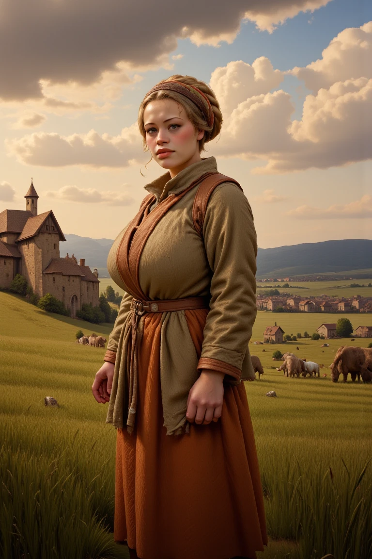 Portrait, Guin, Guin as medieval peasant, in the background a medieval village and a castle, dramtic sky, morning light, side view, working farmers in the background