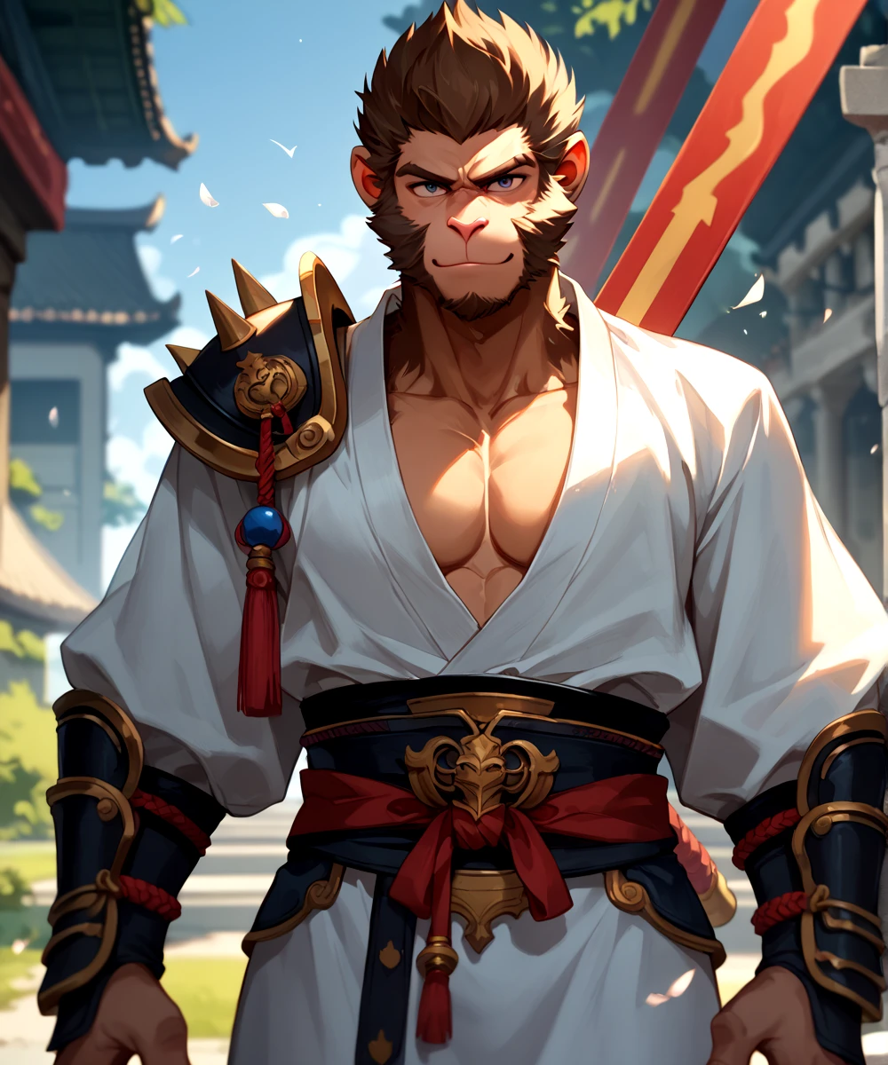 score_9, score_8_up, score_7_up,
<lora:Wukong_(Black_Myth_Wukong)_(Pony)_(AD):1> Wukong, Black Myth Wukong, monkey, monkey king,
8K, In'ei, hiaroscuro, depth of field, rim lighting, masterclass color theory, depth of field, clear_eyes,
perfect hands, perfect proportions, 
sexy smirk, alluring eyes, hero, flawless, benchmark of manly perfection, intricately detailed anime style background, sexy, dashing, handsome, anime monkey face, smooth skin, fur, furry body, monkey face, monkey nose, ((cowboy shot, ):1.5), 
BREAK zPDXL, zPDXLxxx,