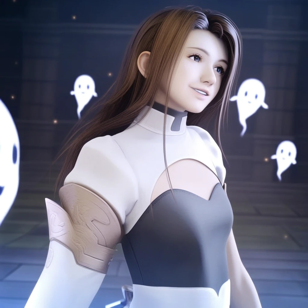 upper body, clothing cutout, from behind, front view, portrait, solo, shrug (clothing), standing, holding, ghost, head tilt, sword, side view, brown hair, smile, long hair, parted lips