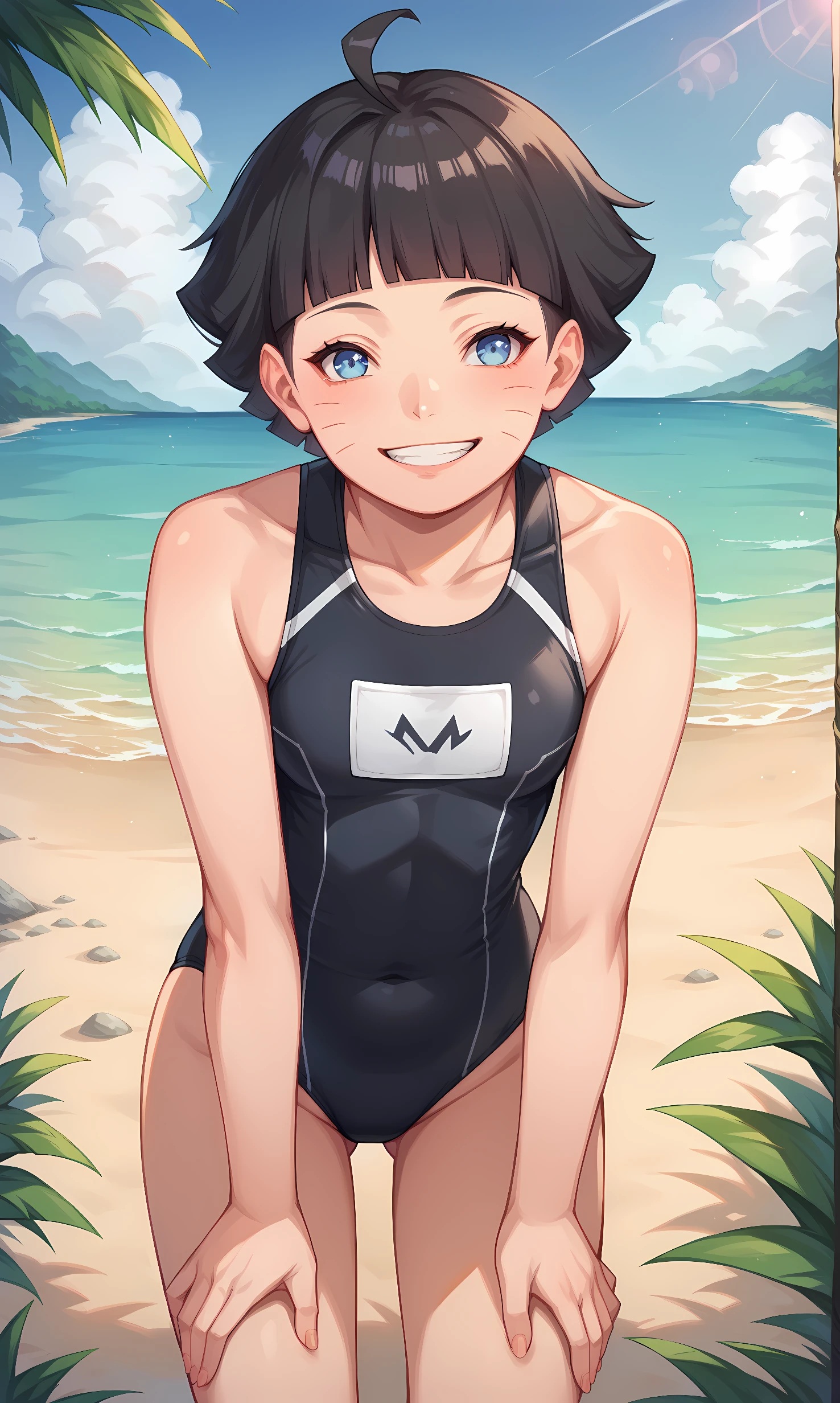 score_9, score_8_up, score_7_up, BREAK source_anime, 1girl, solo, outdoors, beach, cowboy shot, standing, looking at viewer, himawari, blue eyes, black hair, short hair, blunt bangs, facial mark, whisker markings, ahoge, one-piece swimsuit, leaning forward, smile, grin