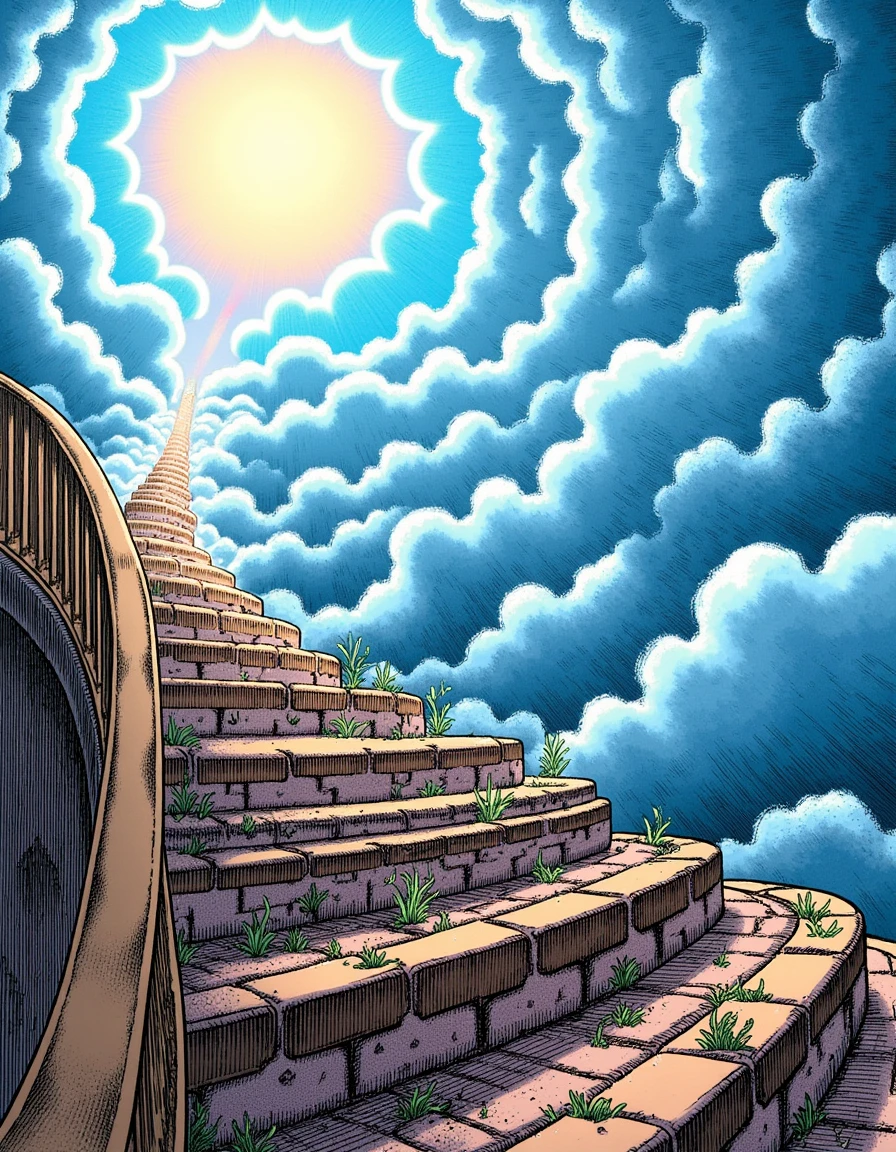 a manga style illustration of a stairway to heaven from a far,curvy pathway, birds eye view,  background revealing bright lights, fluffy clouds, etherial atmosphere, detail stairway steps made of cobblestone, roman architecture, godrays, rainbow lens flre, weeds growing between stairs, extremely intricate detail, 
<lora:BerserkLoraFlux:1> b3rs3rk