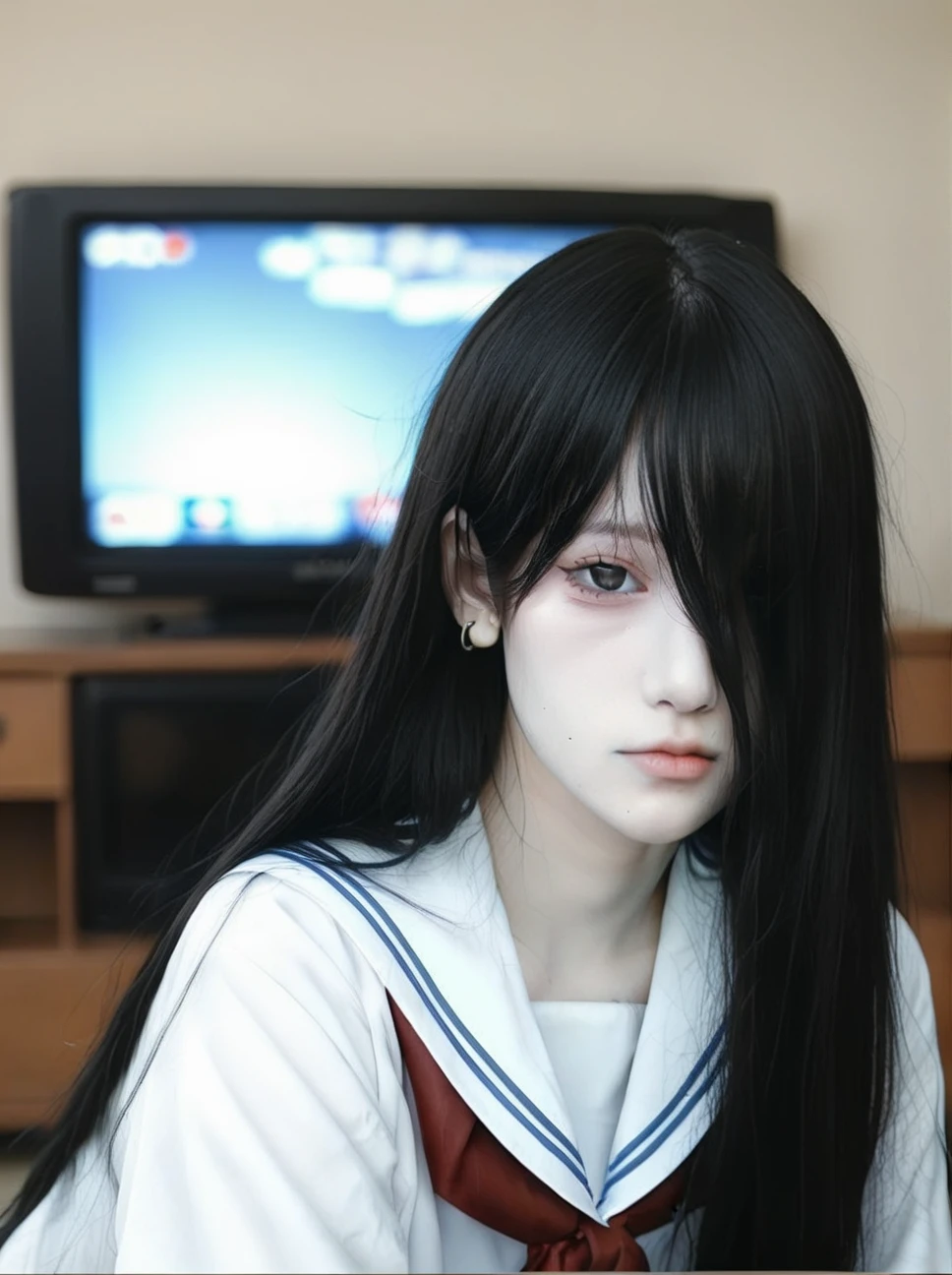 face03,bright_pupils,black eyes,eyeshadow,long_eyelashes,mole_under_eye,,black sailor suit,1girl,solo,school uniform,realistic,looking at viewer,serafuku,sailor collar,earrings,jewelry,neckerchief,red neckerchief,shirt,closed mouth,<lora:face03_pony:0.9>, xxmix_girl,a woman takes a fisheye selfie on a beach at sunset,the wind blowing through her messy hair. The sea stretches out behind her,creating a stunning aesthetic and atmosphere with a rating of 1.2.,xxmix girl woman,, <lora:yamamura sadako v3:0.85>,(static television, lower body inside monitor:1.5),yamamura sadako,1girl,long black hair,hair over eyes,(colored skin, pale skin, white translucent dress),top-down bottom-up,bent over,(curvy, large ass:1.1),indoors,dark atmosphere,sharp focus,cinematic composition,