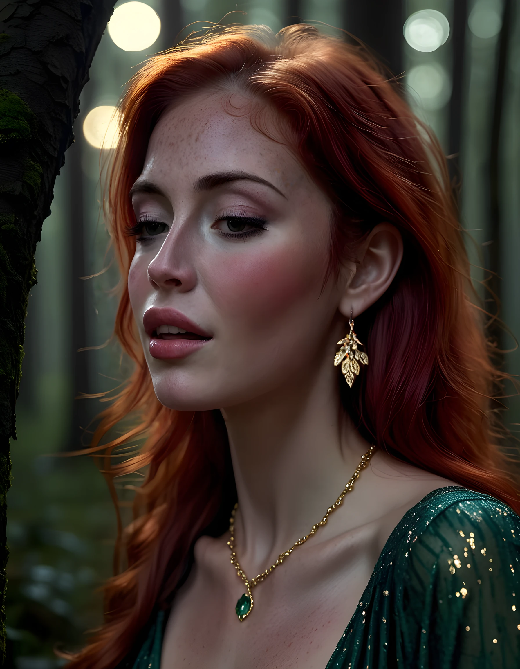 In a captivating, high-definition portrait, set against the backdrop of an enchanting, moonlit forest, Z03N3L1, a striking woman with a unique blend of brown and red hair cascading down her shoulders, stands in profile. Her freckled skin glows softly under the ethereal silver light filtering through the dense canopy above. With a gaze locked onto the viewer, she wears an intricate, shimmering emerald green shirt adorned with delicate gold jewelry that accentuates her slender neck and wrists. A pair of large, sparkling ruby earrings catch the moonlight, reflecting tiny flecks of light in the still forest air. The camera captures a close-up of her lips, painted a vibrant red, as she subtly purses them, hinting at a quiet strength and allure that leaves the observer mesmerized by this mysterious enchantress amidst the moonlit woods.