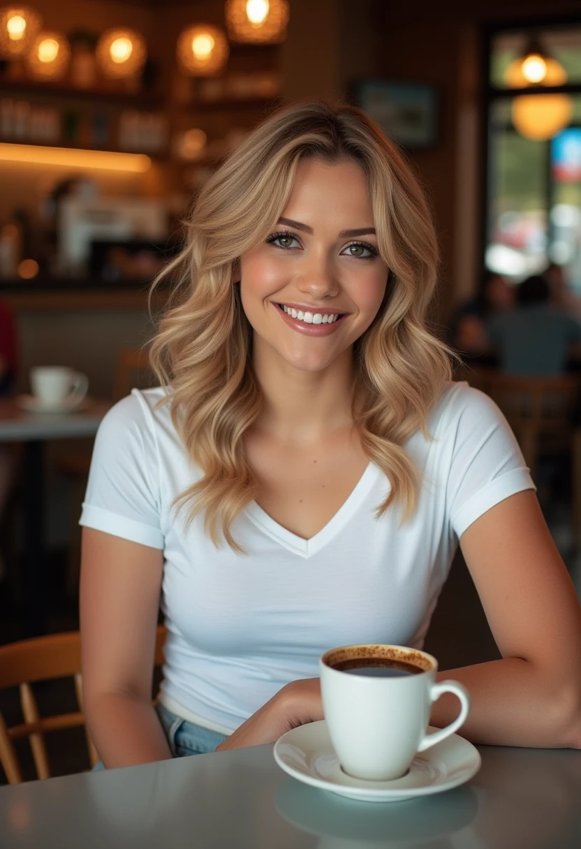 miamalkova, wearing a t-shirt, sitting in a cafe drinking an coffee. looking at the viewer smiling, happy