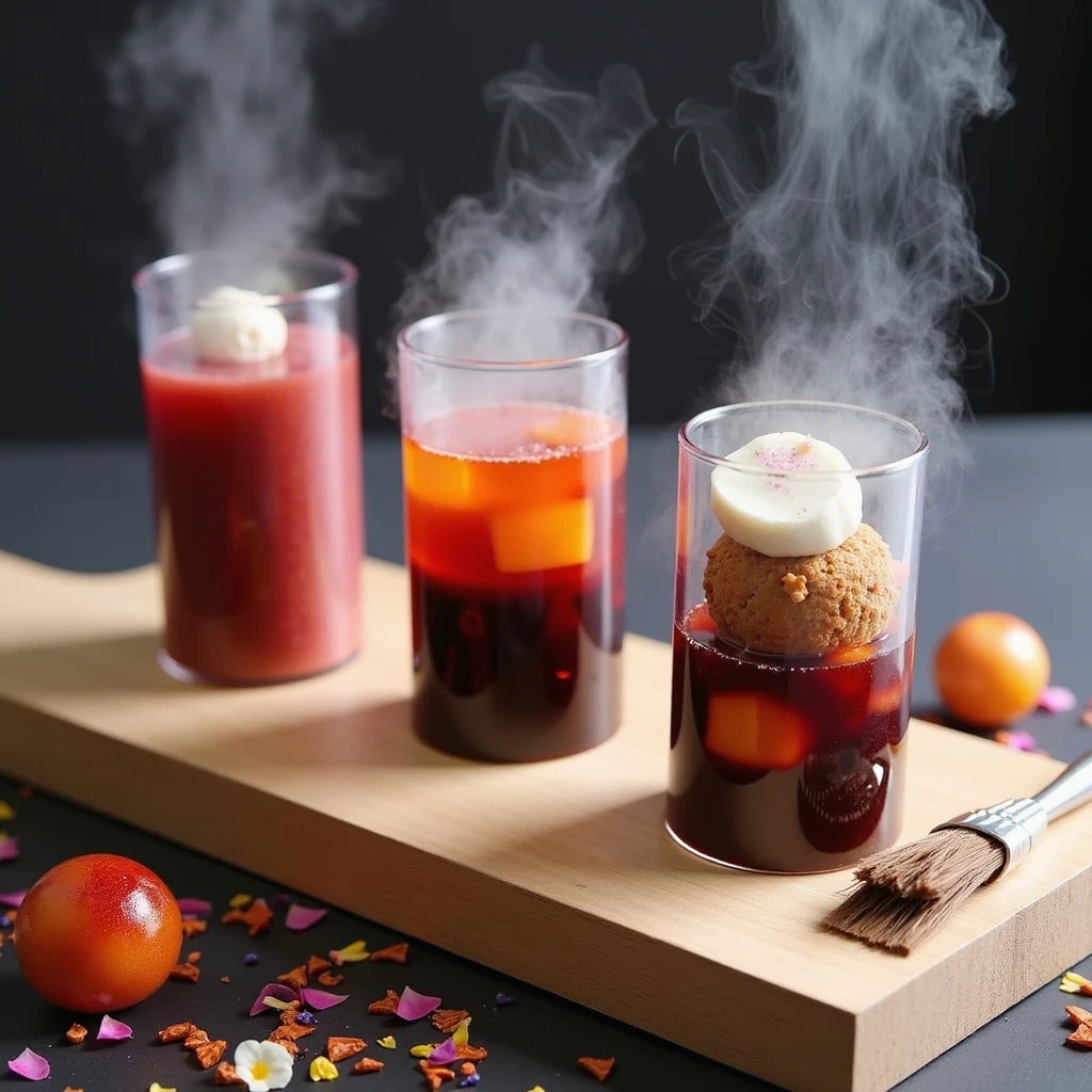  Trio of small, varying height cylindrical vessels on a wooden board. First: chilled duck blood terrine with spicy gelée. Second: warm, soupy preparation with tofu spheres. Third: crispy duck blood croquette with mala seasoning. Accompanied by a brush of chili oil, a quenelle of Sichuan pepper cream, and scattered edible flower petals. Dry ice effect creating a misty presentation