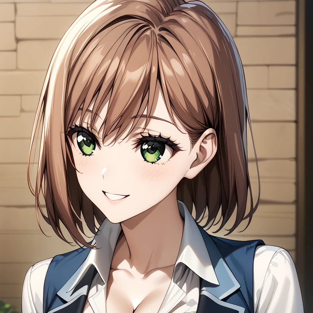 alisa_granger, short hair, brown hair, green eyes, bangs, breasts, white collar shirt, blue vest, cleavage, portrait, upper body, smile <lora:Alisa_Granger:1>, (masterpiece),(best quality),(ultra-detailed),(best illustration),(best shadow),(absurdres),(detailed background),(very aesthetic),