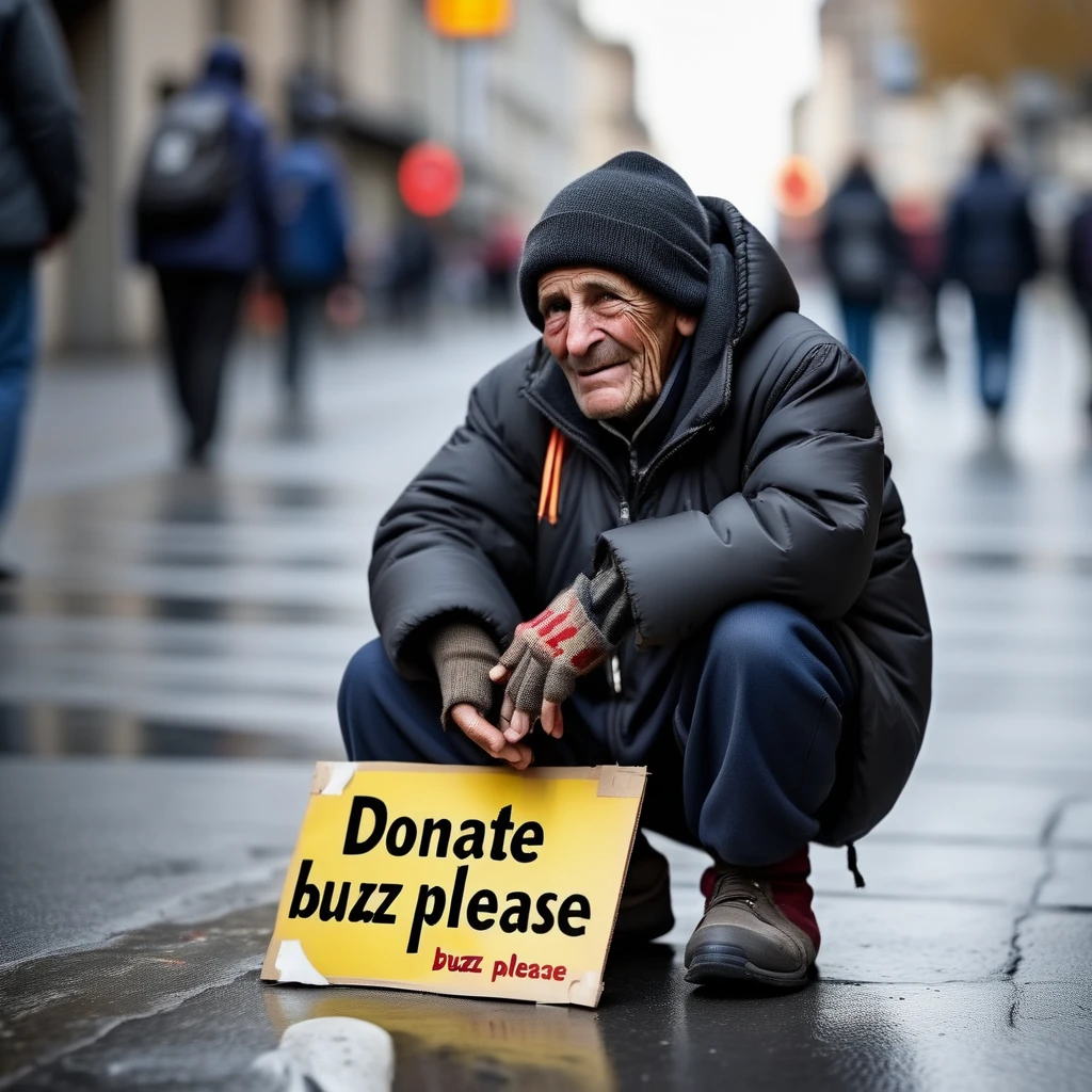 buzz, a beggar on the street and his sign with text "donate buzz please" <lora:buzz-text:.8>