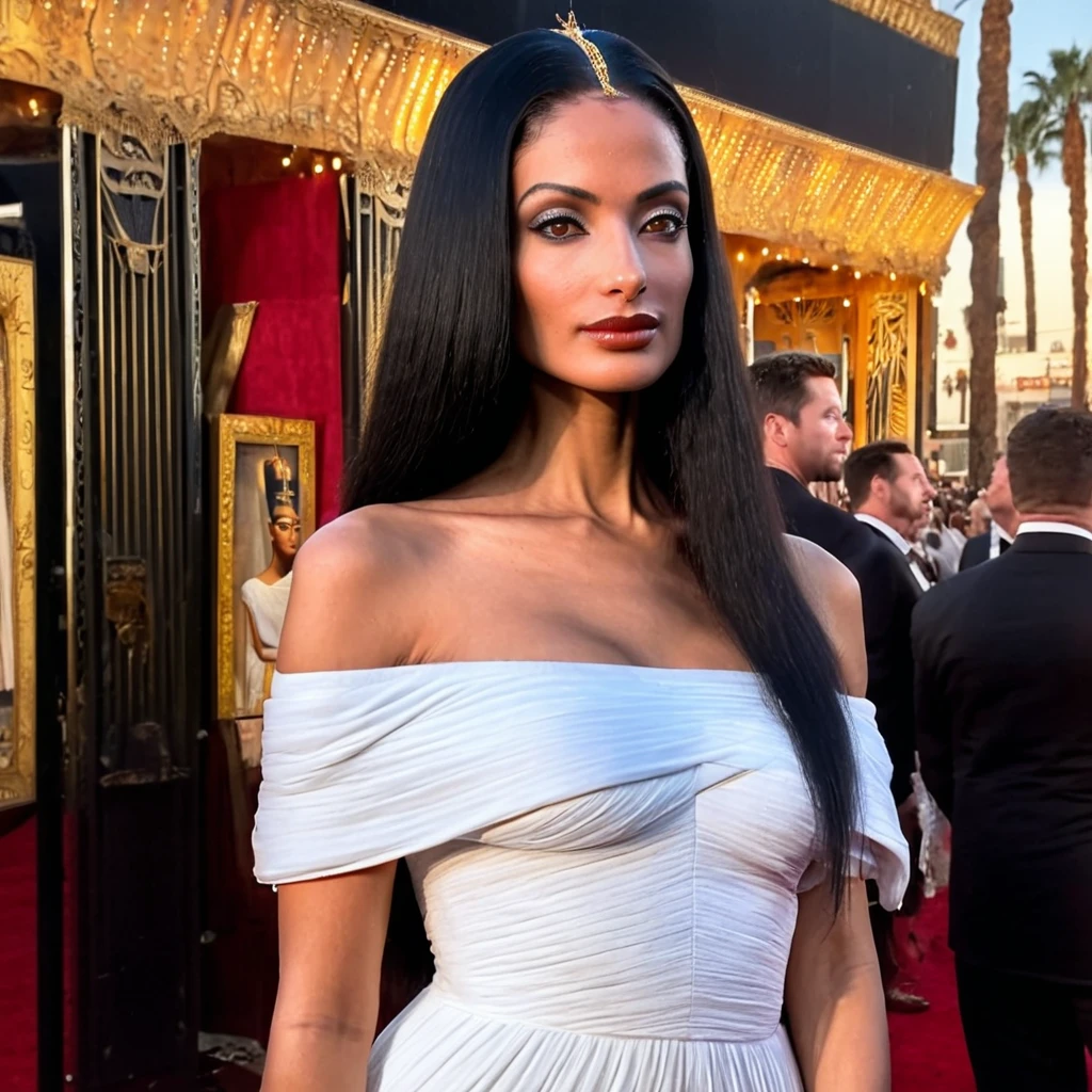 (masterpiece, best quality, highly detailed, realistic), photographic portrait of nefertiti in a off shoulder  white dress, standing outside a Hollywood movie premier, (((long  black hair))), brown eyes, facing the viewer, very close up
<lora:Nefertiti SDXL:.5>