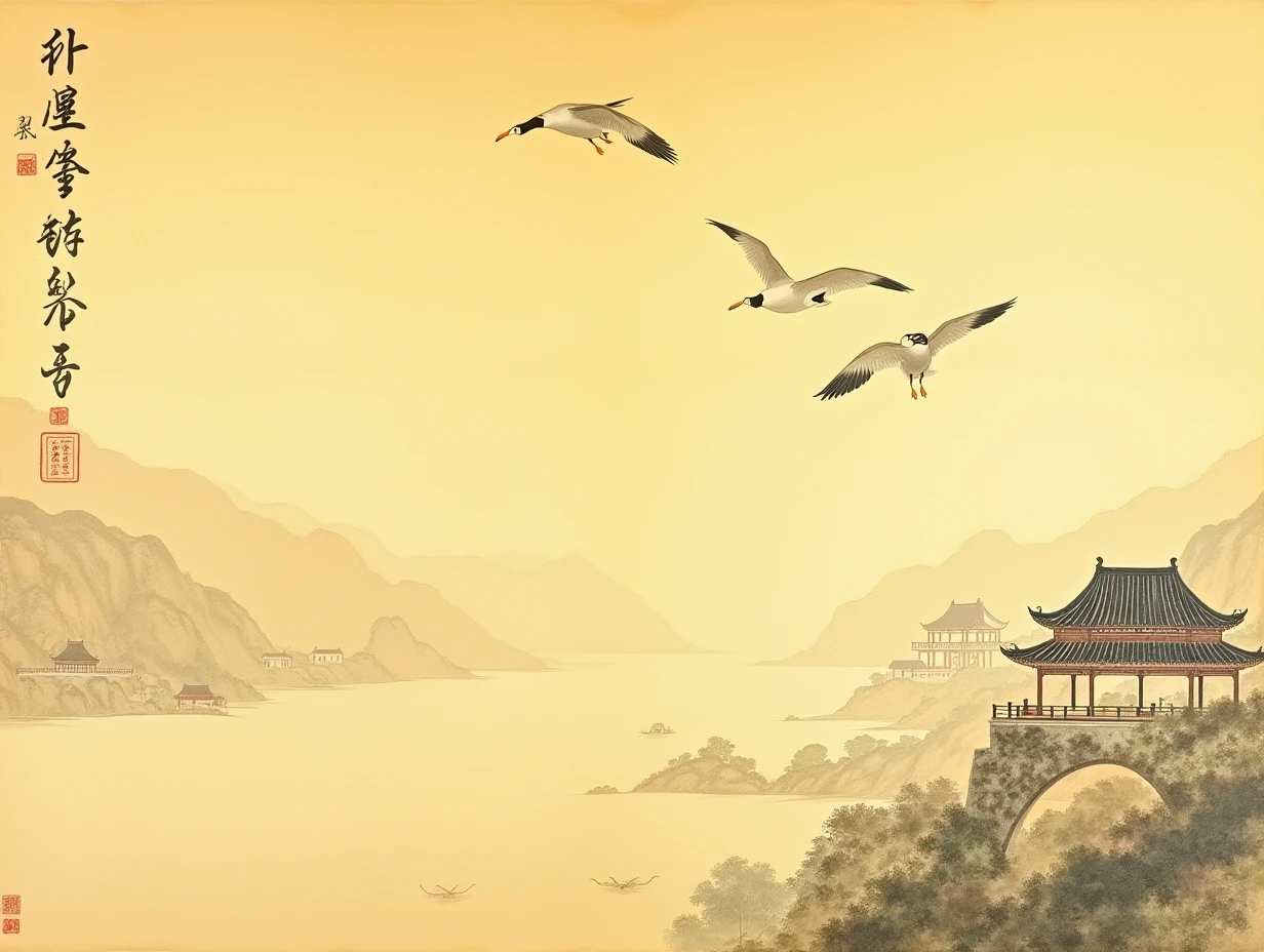 Chinese painting from the Song Dynasty, with a yellowish background,Yellowed Paper, Song Dynasty Chinese Painting,The style of Ming Dynasty painter Qiu Ying,Ancient Chinese paintings include Ancient Chinese city walls, Chinese architecture,two wild geese flying in the sky, 8K