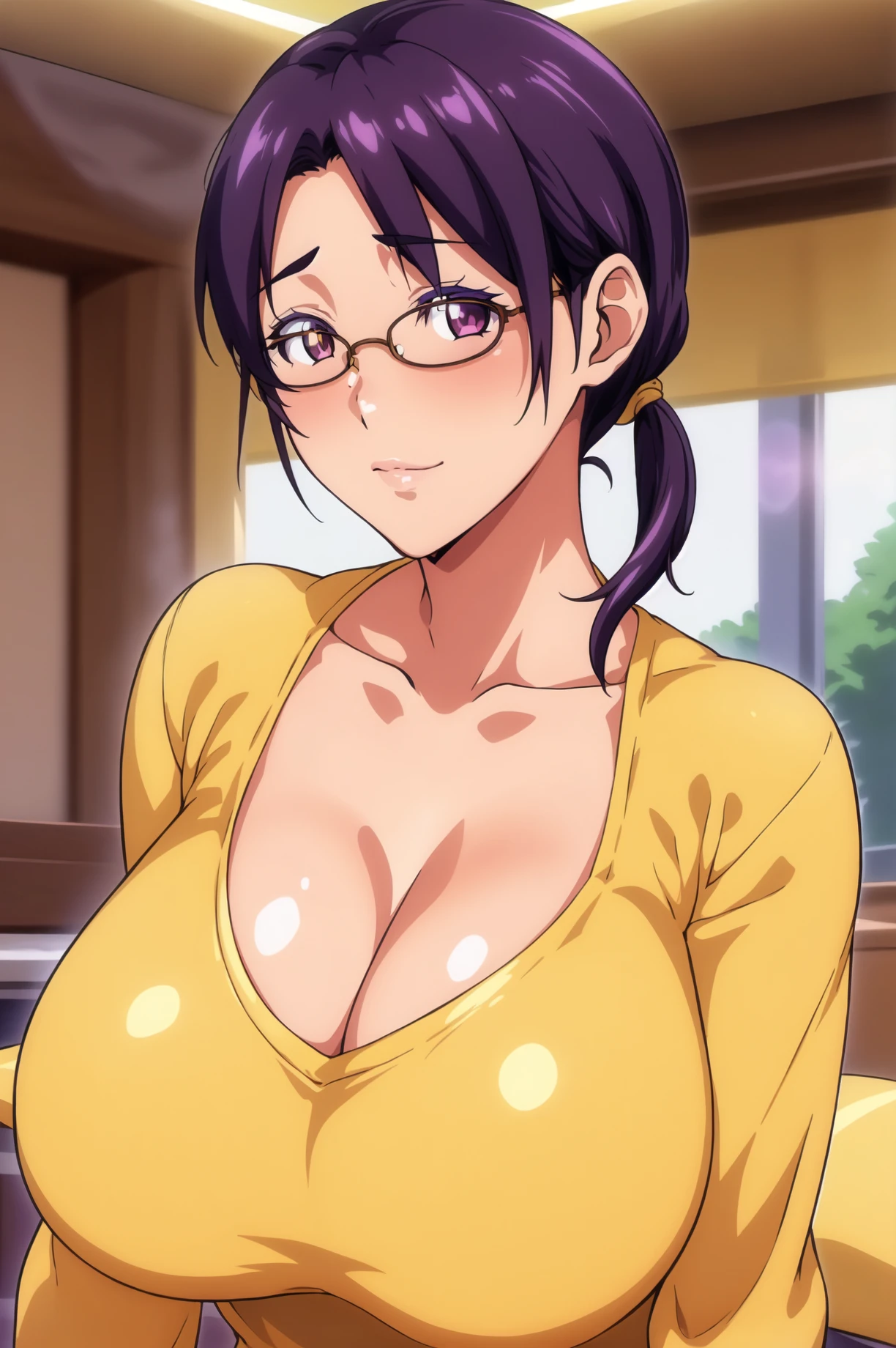 Simple Background, Yellow_Background,
dynamic pose,standing at attention,
(Yellow_Shirt:1.4), long sleeves, collarbone, cleavage, demin,
<lora:Eri_Morita_SuccubusStepmom-KK77-V1:0.7>,Eri_Morita_SuccubusStepmom,glasses, 
purple eyes, purple hair,bangs,short hair,Makeup, red lipstick, ponytail, 
<lora:more_details:0.1>,<lora:NovelAI_YesMix5_KKStyle-KK77-Yes5-V1:0.3>,<lora:Oda_Non_Style2-KK77-Yes5-V1:0.3>,
1 girl, 20yo,Young female,Beautiful long legs,Beautiful body,
Beautiful Nose,Beautiful character design, perfect eyes, perfect face,expressive eyes,perfect balance,
looking at viewer,(Focus on her face),closed mouth, (innocent_big_eyes:1.0),(Light_Smile:0.3),
official art,extremely detailed CG unity 8k wallpaper, perfect lighting,Colorful, Bright_Front_face_Lighting,White skin,
(masterpiece:1.0),(best_quality:1.0), ultra high res,4K,ultra-detailed,
photography, 8K, HDR, highres, absurdres:1.2, Kodak portra 400, film grain, blurry background, bokeh:1.2, lens flare, (vibrant_color:1.2),professional photograph,
(Beautiful,large_Breasts:1.4), (beautiful_face:1.5),(narrow_waist),