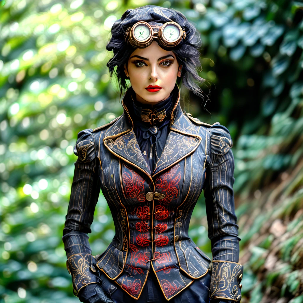 closed mouth, humanoid robot, head out of frame, black gloves, bare shoulders, red lips, black hair, green eyes, looking at viewer, military, mask, black pants, jacket, goggles on headwear, blue eyes, blue vest, simple background, pocket watch, nature