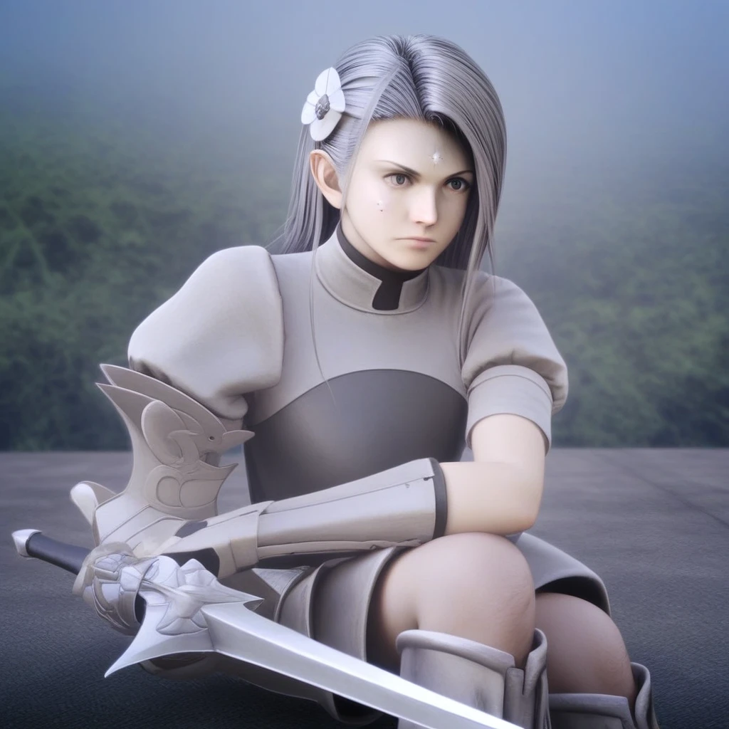 realistic, on side, boots, upper body, simple background, puffy short sleeves, grey hair, armor, outdoors, facial mark, brown eyes, 1boy, grey eyes, hair ornament, silver hair, holding weapon, solo