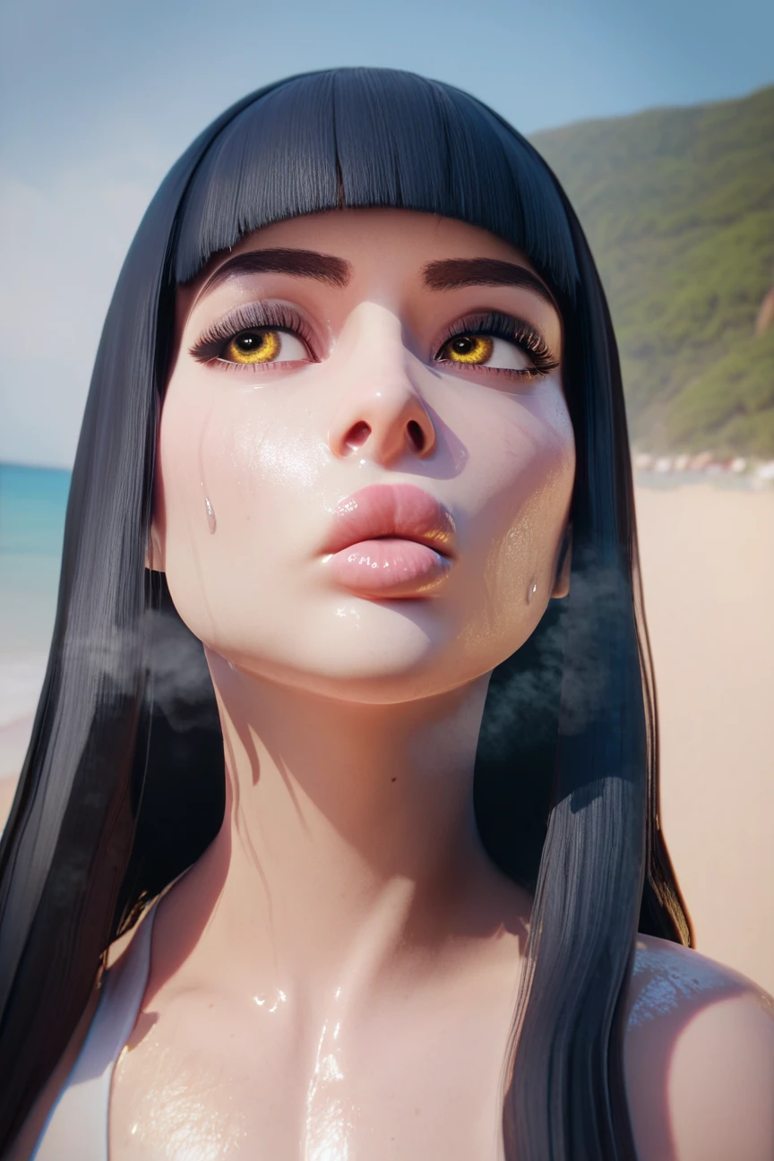 score_9, score_8_up, score_7_up, 3d style, 1girl, black hair, long hair, straight hair, straight blunt bangs, yellow eyes, big lips,  sweaty, sweatdrop, steaming breath, wet, pale skin, bored, looking away, face focus, outdoors, solo, beach, best quality, high quality