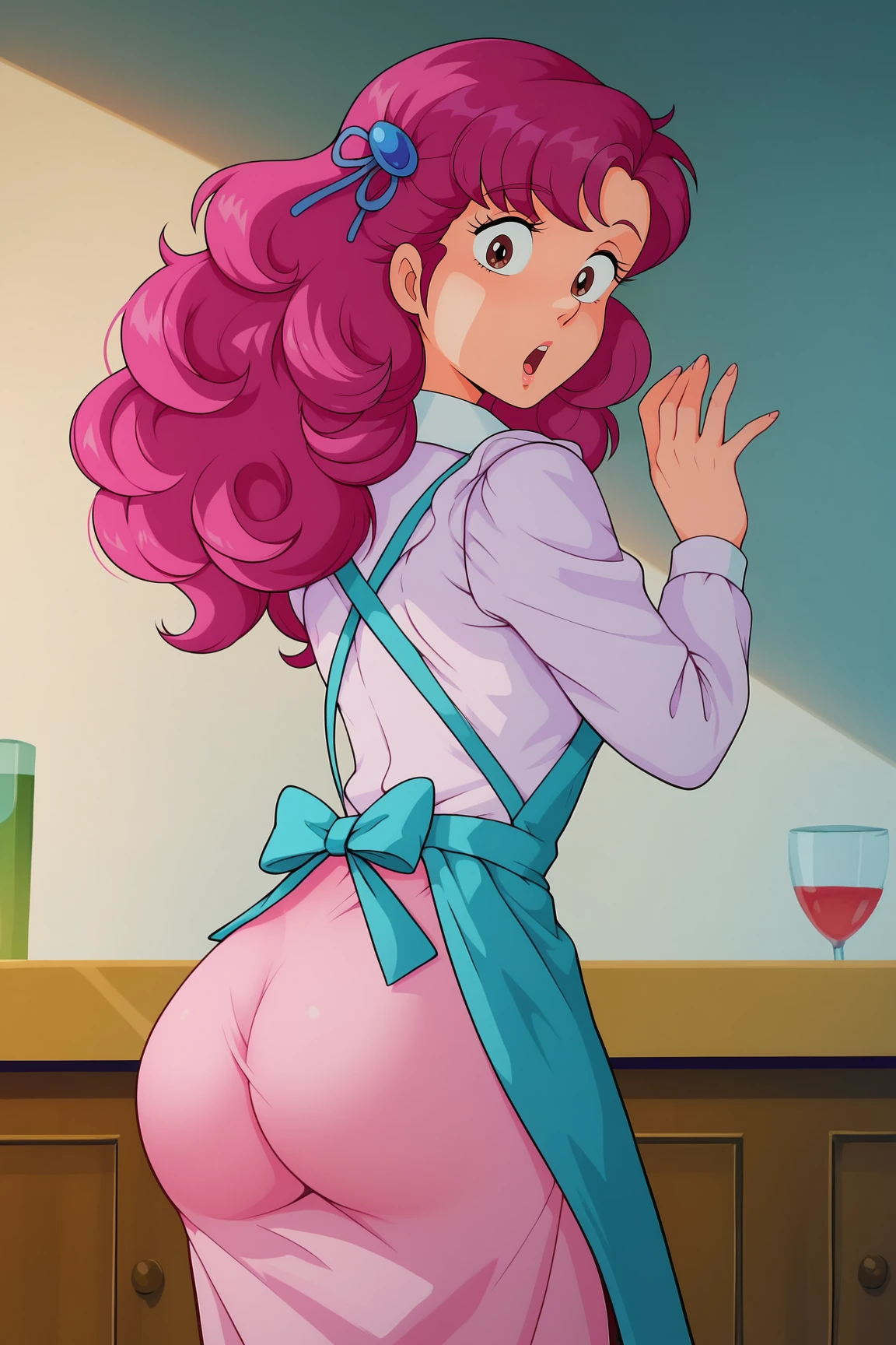 score_9, score_8_up, score_7_up, score_6_up, BREAK, RanUYXL, retro artstyle, brown eyes, pink hair, long hair, bangs, hair ornament, small breasts, white shirt collar, pink dress, long sleeves, pink skirt, aqua apron, solo, standing, from behind, ass focus, big ass, ass, surprised, looking at viewer, indoors <lora:RanUYXL:1>