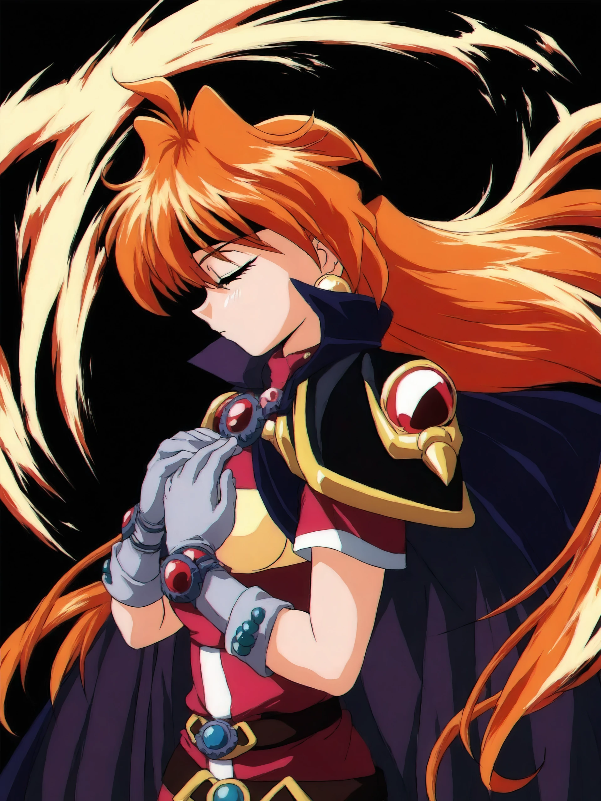 masterpiece, best quality, lina inverse, slayers, 1girl, solo, long hair, breasts, simple background, gloves, closed mouth, jewelry, upper body, closed eyes, short sleeves, earrings, red hair, belt, orange hair, cape, armor, from side, profile, floating hair, headband, black background, red shirt, gem, shoulder armor, pauldrons, breastplate, black cape, retro artstyle, hands on own chest, blue cape, grey gloves, 1990s (style), black headband, general <lora:LinaPony_v1.0:0.9>