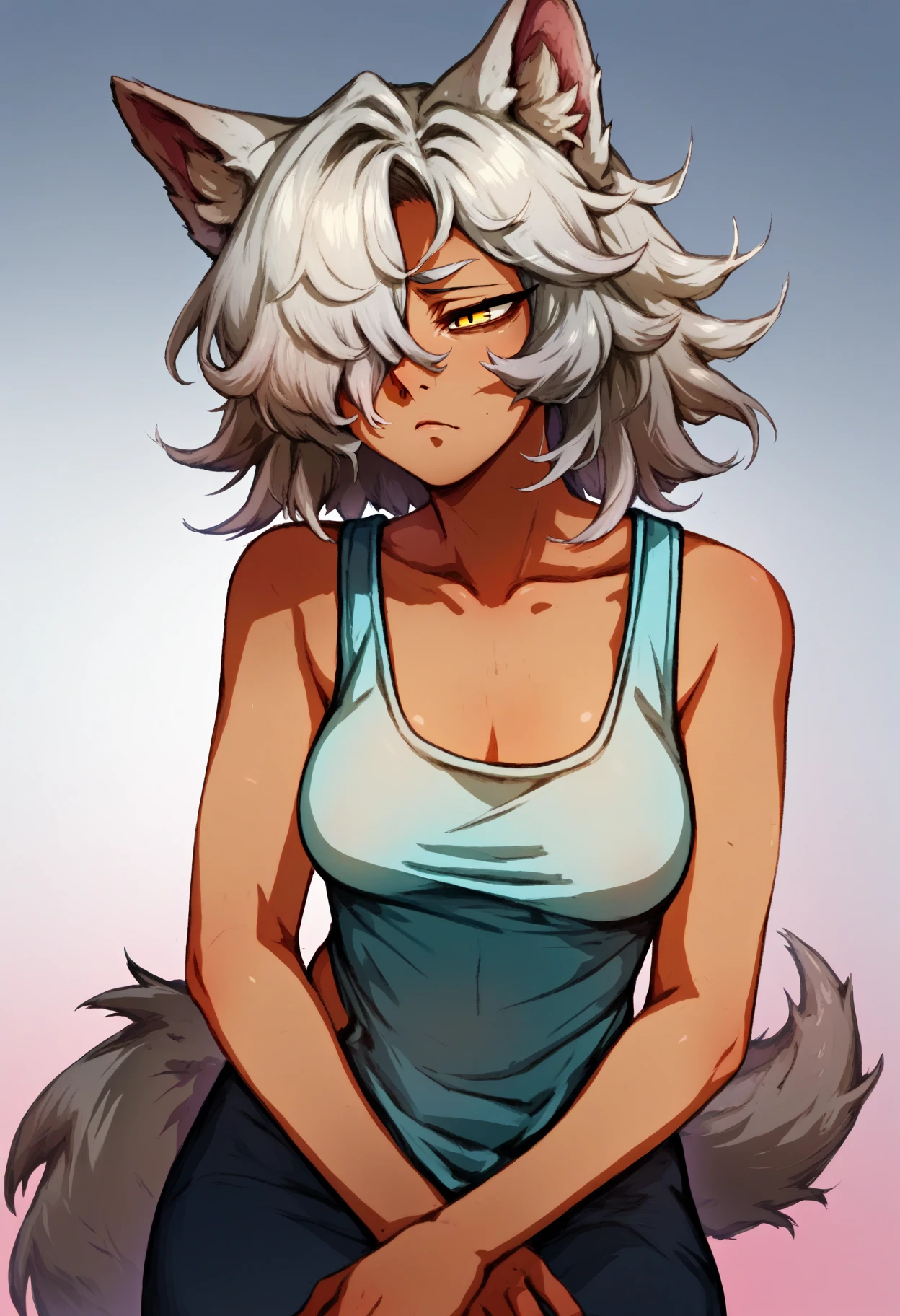 score_9, score_8_up,score_7_up, 1girl, solo, 
monster girl, wolf girl , wolf tail, multicolored hair, grey hair, yellow eyes, hair over one eye, gradient skin, dark skin,
weary, drooping eyelids, frowning, rubbing temples, tired posture, sluggish,
gradient background
<lora:mncrm_pdxl_EliPot:1>