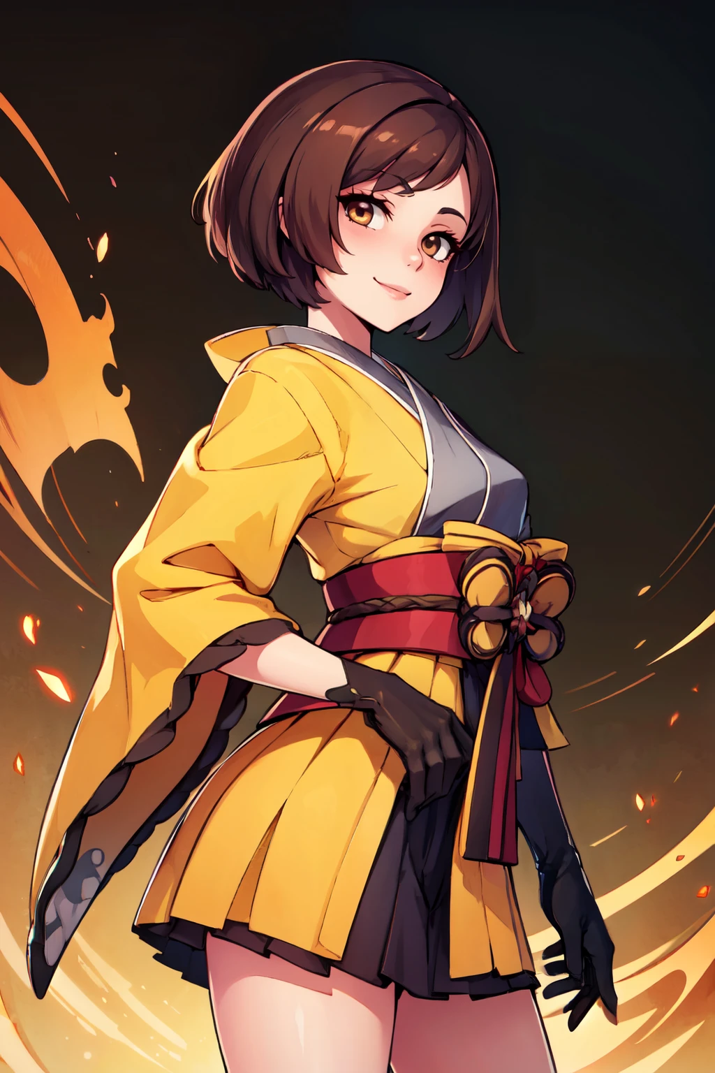 ((masterpiece,best quality)), absurdres,  BREAK, , <lora:GloriaChiori:0.8>,   zzgloriachiori, brown eyes, brown hair, bob cut, asymmetrical hair, japanese clothes, yellow kimono, black gloves,  , BREAK, side view, hip to the side, contrapposto,, BREAK, solo, smile, looking at viewer, cowboy shot,