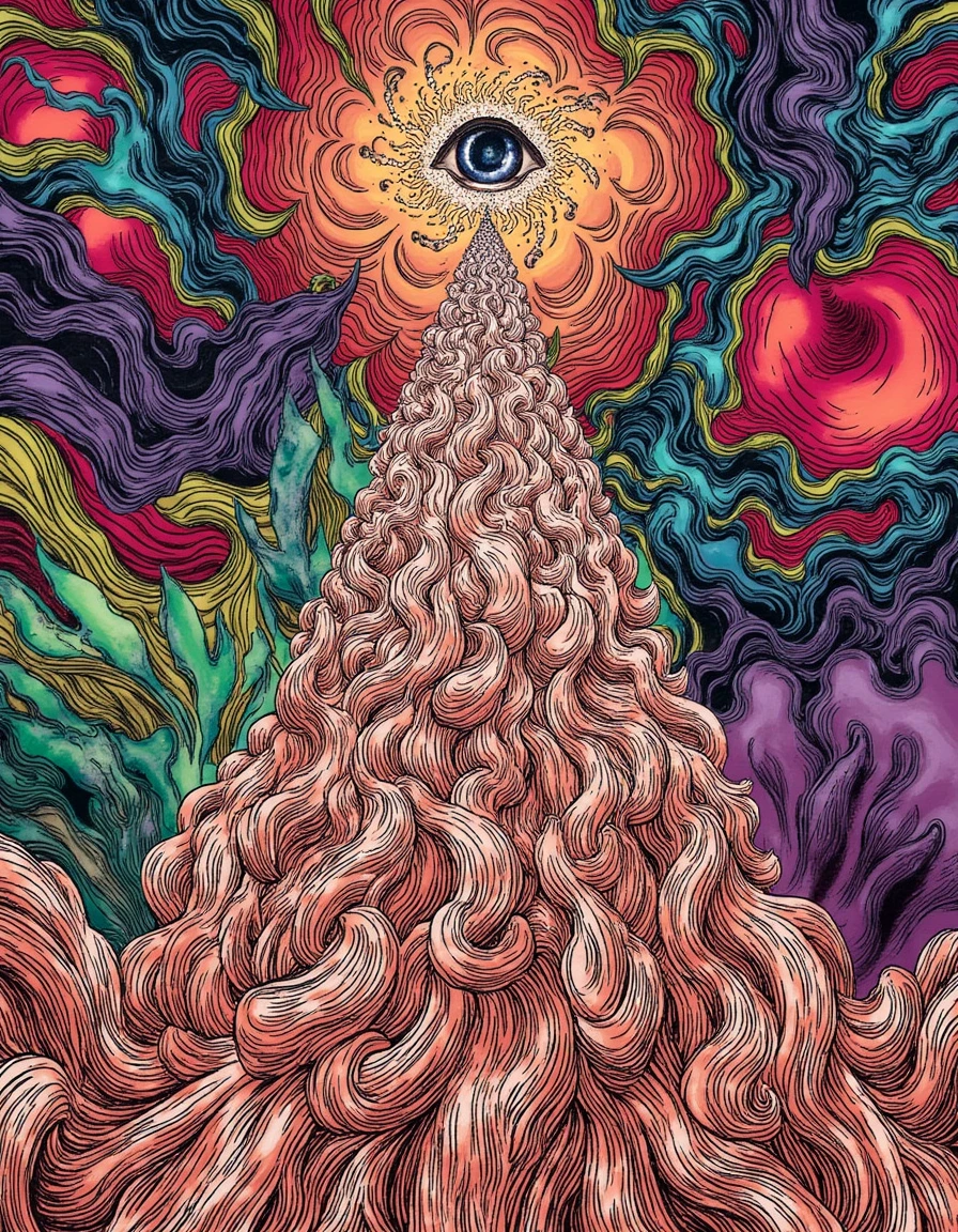 abstract colorful swirling psychedelic mixed media art with a pyramid topped with an eye at the center, called the eye of providence,
 <lora:BerserkLoraFlux:1> b3rs3rk