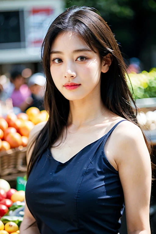 masterpiece, best quality, ultra-detailed, ultra high res, (photorealistic:1.4), raw photo, (realistic:0.2), 8k HDR, realistic lighting, looking at viewer, 1girl, solo, asymmetrical hair, outdoor, (traditional market:1.2), (day), bokeh, (detailed lips), (detailed pores), (detailed skin textures), (detailed face:1.2), (body:1.2), a woman in a sundress, cowboy shot,