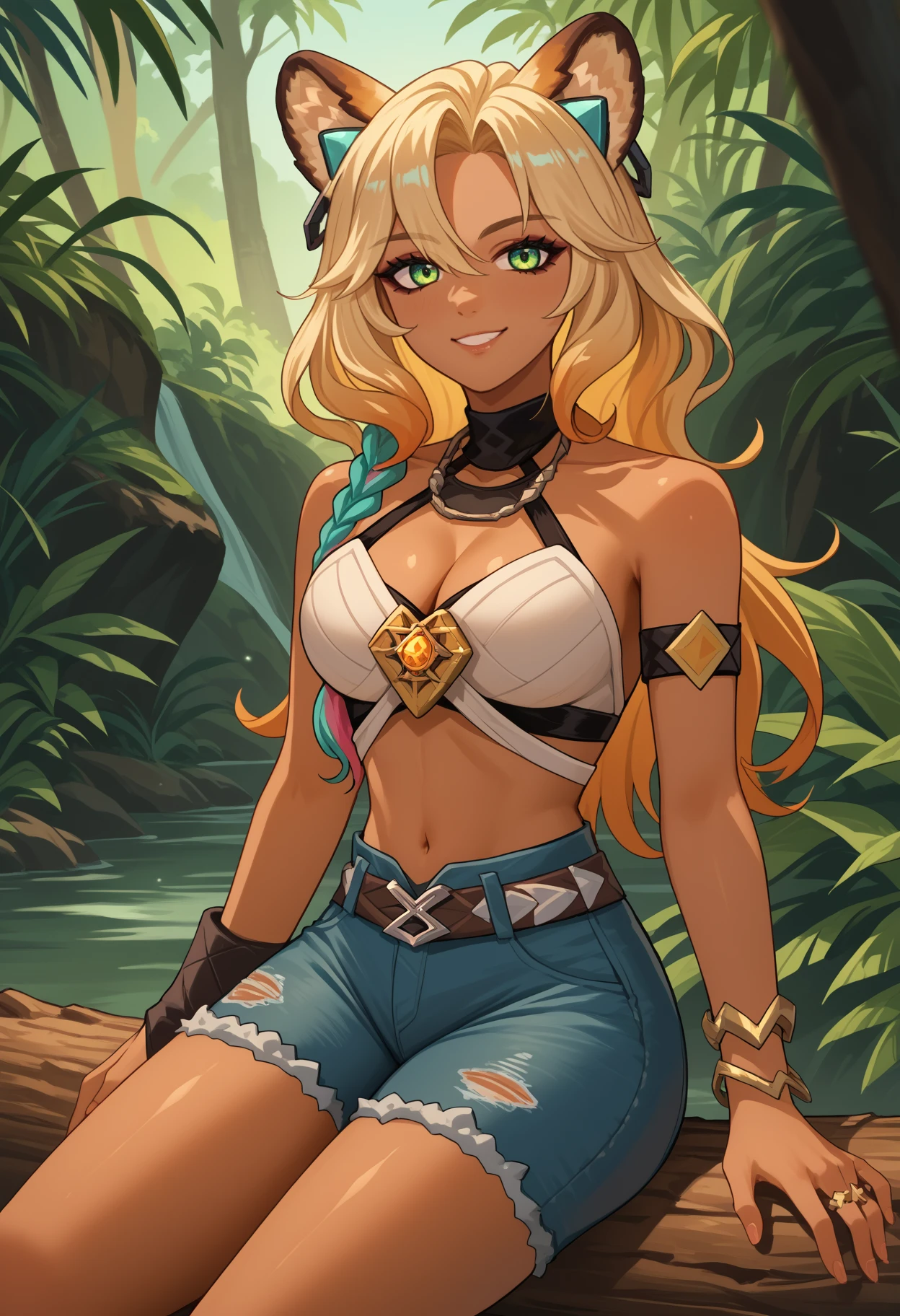 score_9, score_8_up, score_7_up, source_anime, solo, 1girl, xilonen, dark-skinned female, makeup, smile, looking at you, sitting on log, long hair, single braid, animal ears, crop top, halterneck, criss-cross halter, blue shorts, denim shorts, cutoffs, necklace, bracelet, bare shoulders, midriff, cleavage, large breasts, outdoors, jungle
<segment:yolo-face_yolov8m.pt,0.4,0.5//cid=1>