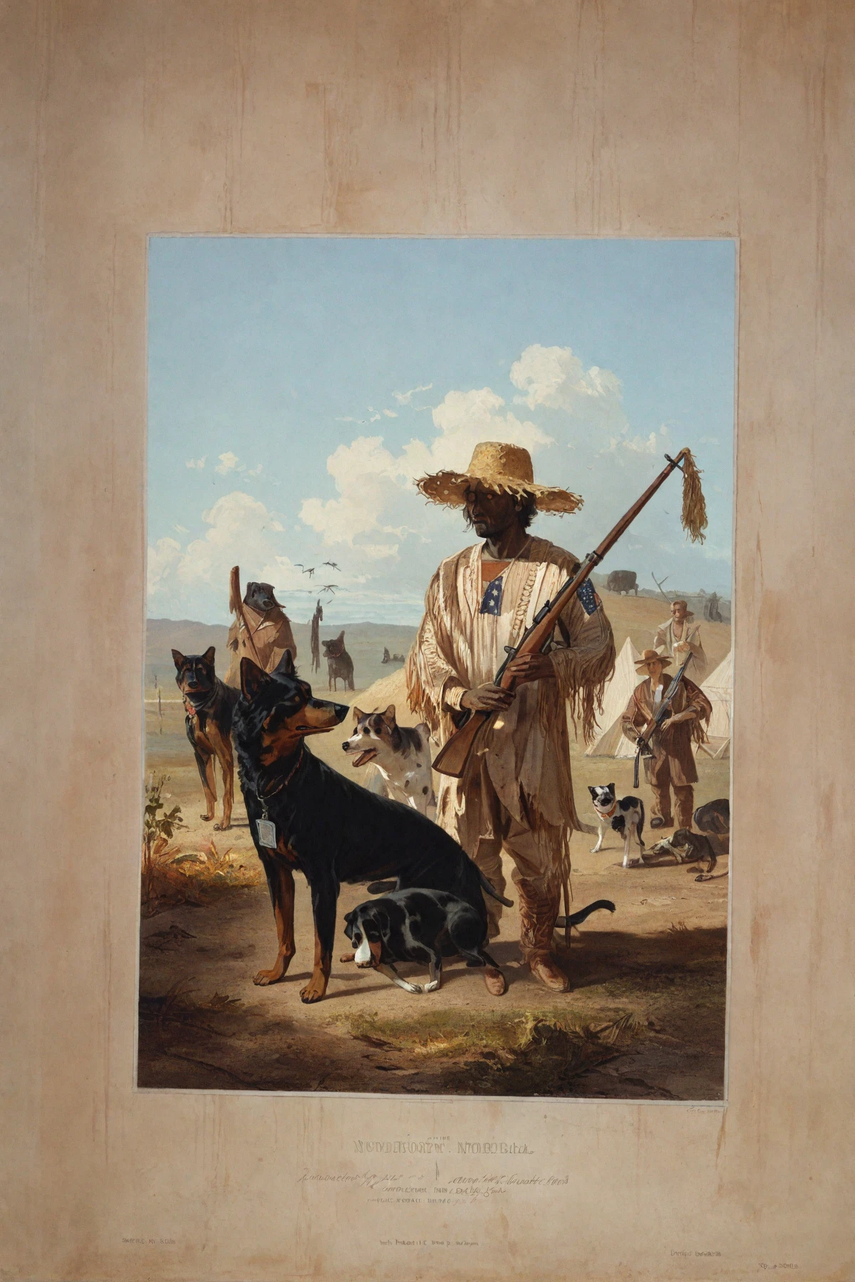 <lora:karl-bodmer_pony_v1:1> ' interior of north america ' by bodmer karl in 1832, romanticism \(style\), genre painting \(genre\), a man wearing a straw hat and holding a vintage rifle, accompanied by two dogs, score_9, score_6_up, score_7_up