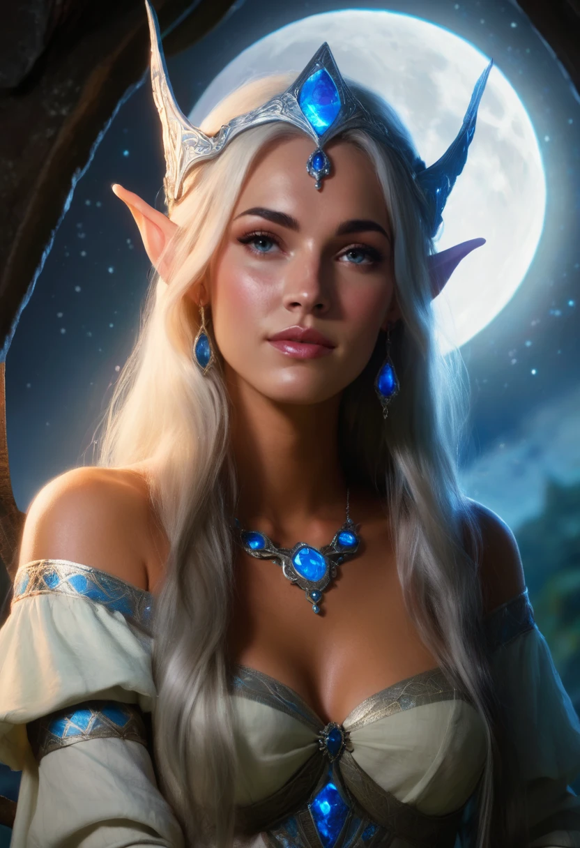 concept art photo of a woman, m3g4n,  ((painting)) of a stunning happy high elf princess,moonlight, ethereal,  <lora:megf2009:.9> . digital artwork, illustrative, painterly, matte painting, highly detailed