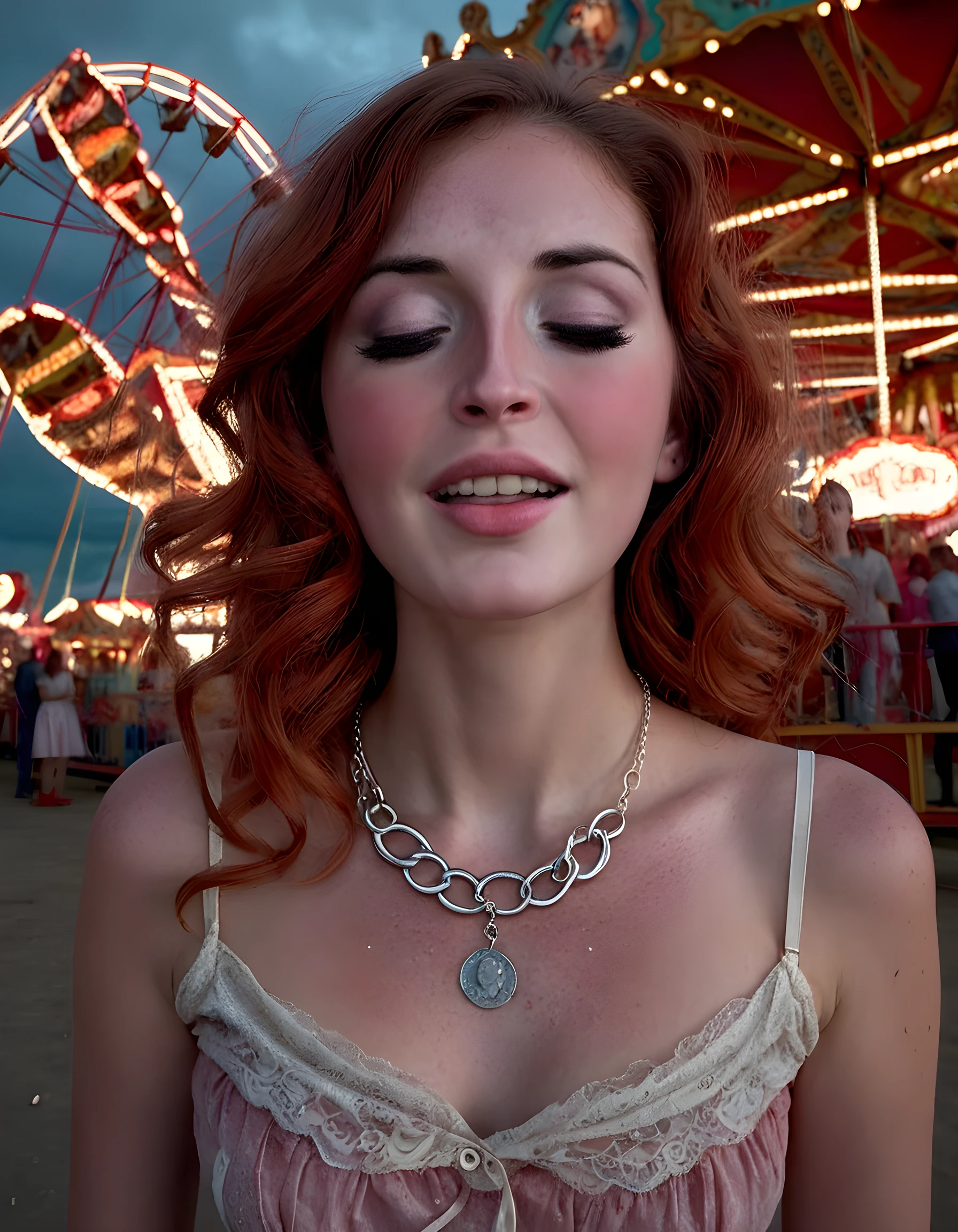 In a hauntingly beautiful, monochrome photograph, Z03N3L1, a striking woman with brown hair cascading down her shoulders and a shock of red highlights framing her face, stands alone against the backdrop of an abandoned carnival. Her long, freckled arms are crossed over her chest, revealing a delicate necklace that glimmers in the dim light. Her closed eyes, rimmed with thick lashes, are adorned with smoky green eye shadow. Her lips are pursed in a hint of a smile, showing off her pearly white teeth. The camera angle is from below, creating an intimate and intense connection between Z03N3L1 and the viewer, while the vintage carousel horses and decaying buildings of the carnival loom ominously in the background, casting long shadows that dance across her face, contributing to the eerie, dreamlike tone of the image.