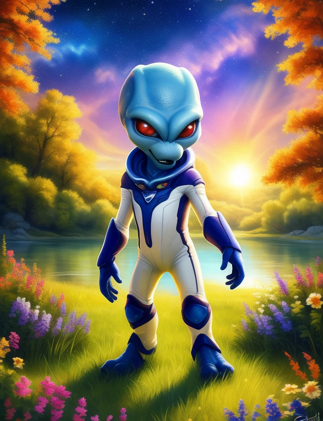 <lora:CryptoAlienSpYif:1> CryptoAlienSp, alien, Red sclera, red eyes, chibi, space suit,,  solo focus,
Looks at the viewer,  (standing, Hands on gan,,)
[ the sun is shining, (glade,) forest, grass, stars, lake, day,  clouds, flowers, blanket, blue pillows, cosmos,]
(beautiful, aesthetic, perfect, delicate, intricate, saturated colors), masterpiece, digital drawing, best quality,
[by personalami], by smitty g, [[[by Foxovh]]], [[by Ross Tran]]