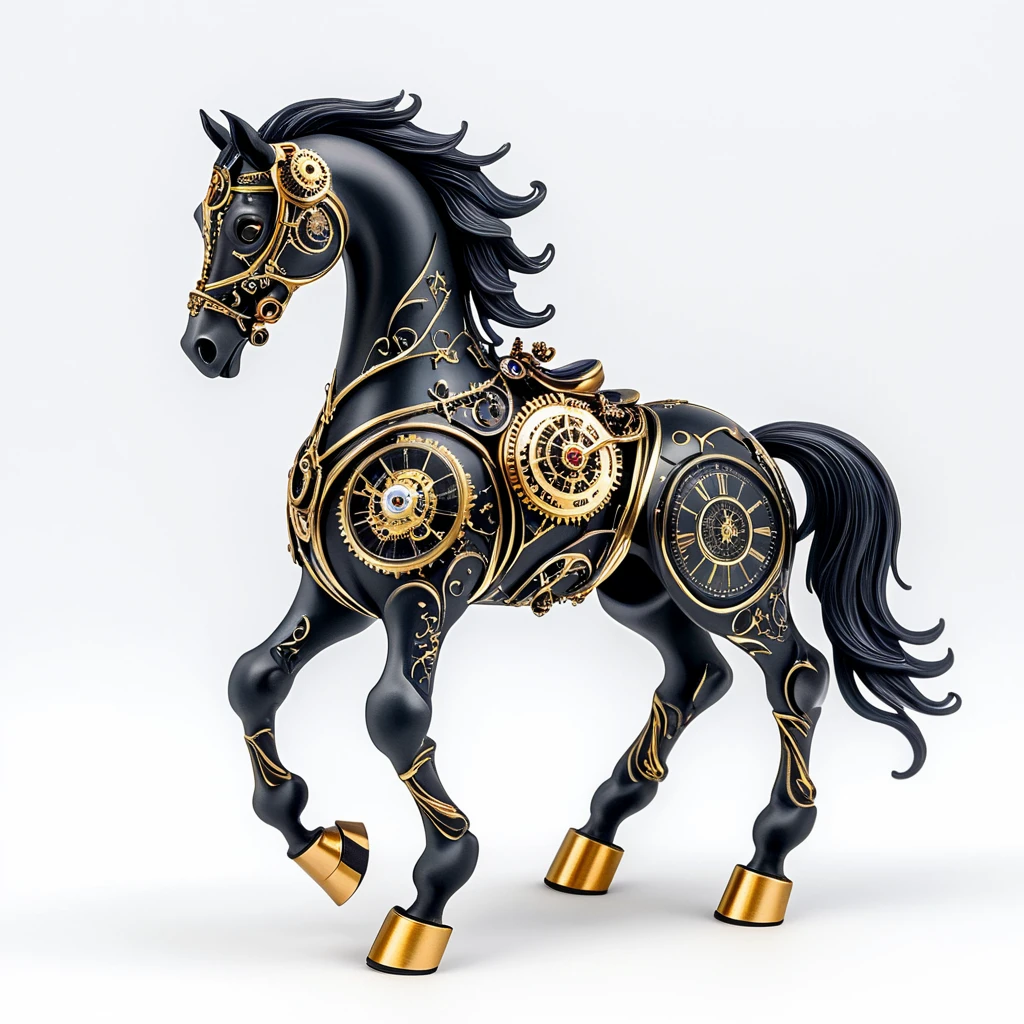 <lora:Rococo_Steampunk_SDXL:1> ArsMJStyle, Rococo Steampunk, The image shows a black and gold horse with a clock on its back standing on a white surface. The horse is adorned with intricate details giving it a unique and eye-catching look., no humans, horse, simple background, white background