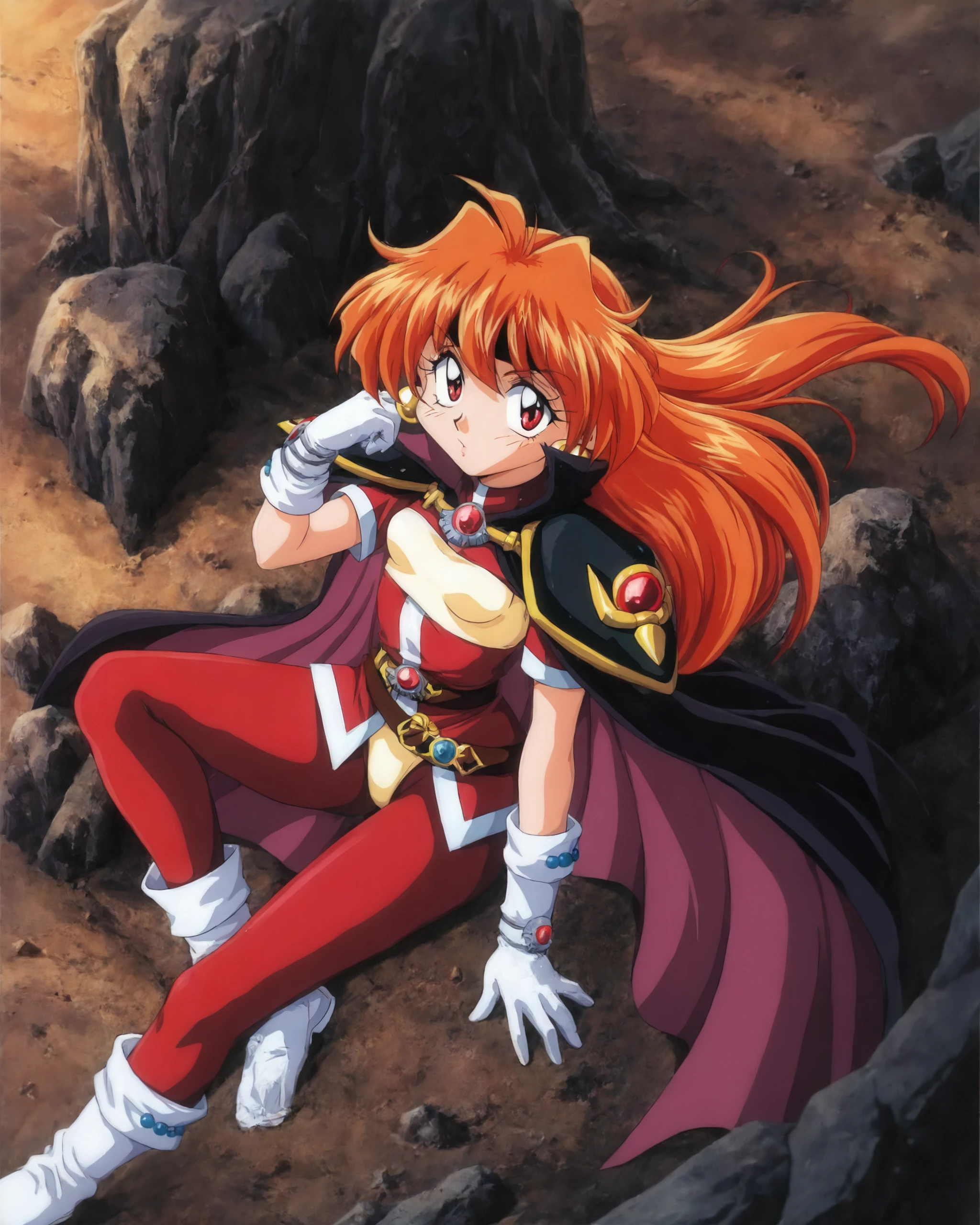 masterpiece, best quality, lina inverse, 1girl, retro artstyle, 1990s \(style\), solo, long hair, small breasts, orange hair, red hair, red eyes, pantyhose, earrings, jewelry, boots, belt, white gloves, cape, armor, leotard, headband, gem, shoulder armor, pauldrons, black cape    <lora:LinaPony_v1.0:0.8> <lora:AIRLPONYv2.0:0.15> <lora:Crystal_Ogipote_v1.0PONY:0.15> <lora:AIRLPONYv3.0:0.15>