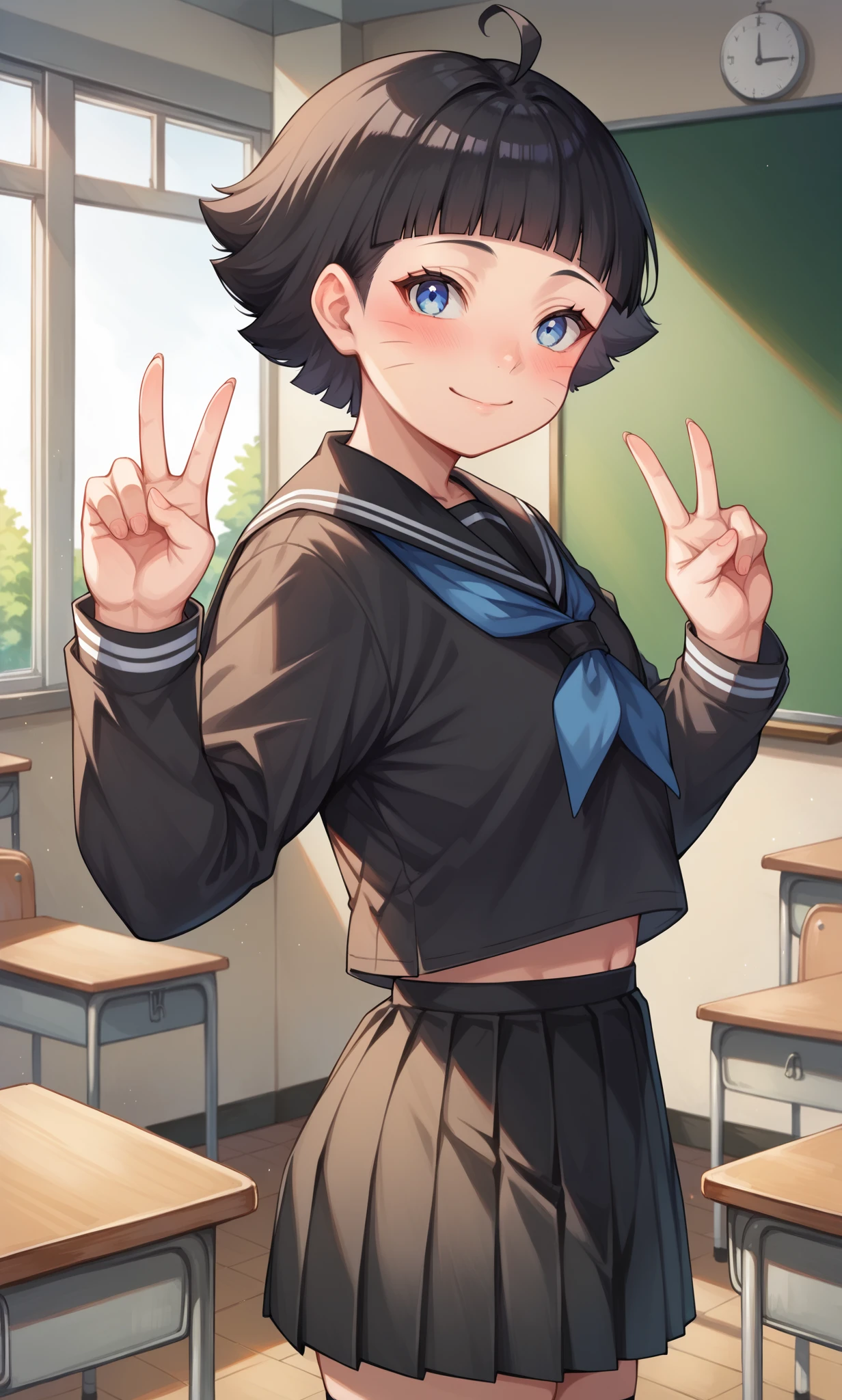 score_9, score_8_up, score_7_up, BREAK source_anime, 1girl, solo, indoors, classroom, cowboy shot, standing, looking at viewer, himawari, blue eyes, black hair, short hair, blunt bangs, facial mark, whisker markings, ahoge, school uniform, black shirt, long sleeves, black serafuku, blue neckerchief, black skirt, pleated skirt, black thighhighs, from side, nose blush, double v, smile, closed mouth