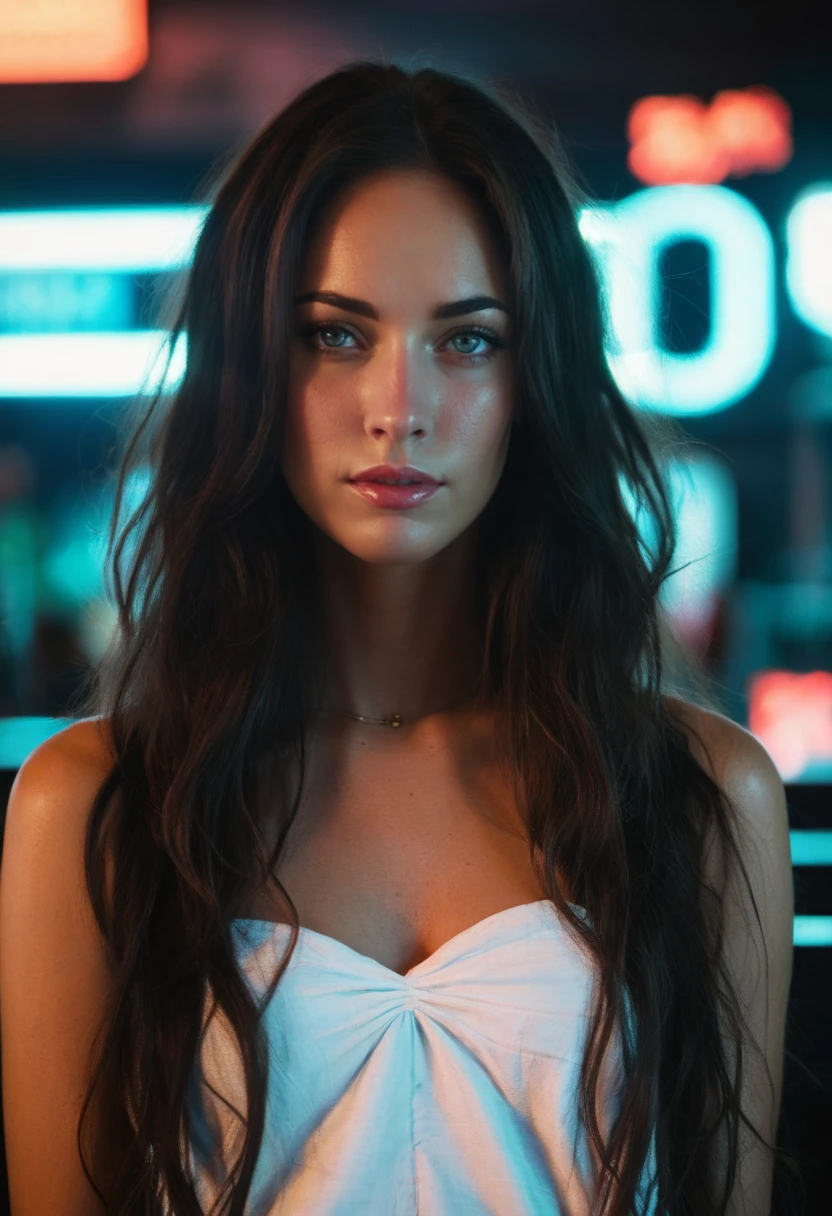 photo of a woman, m3g4n, long wavy hair,portrait,kodachrome, neon,cyberpunk, looking at viewer, frontview,,  <lora:megf2009:.9>