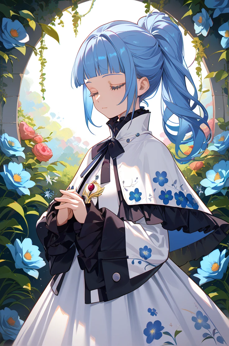 score_9, score_8_up, score_7_up, very aesthetic, source_anime, detailed,
floral background,
cowboy shot, from side, closed eyes, praying, close up, hands together,
<lora:ange_autismConfetti_v02:1>angeBase, blue hair, blunt bangs, ponytail, high ponytail, grey eyes, long hair, 
 long dress, white dress, sleeve cuffs, long sleeves, capelet, frills,, zPDXL